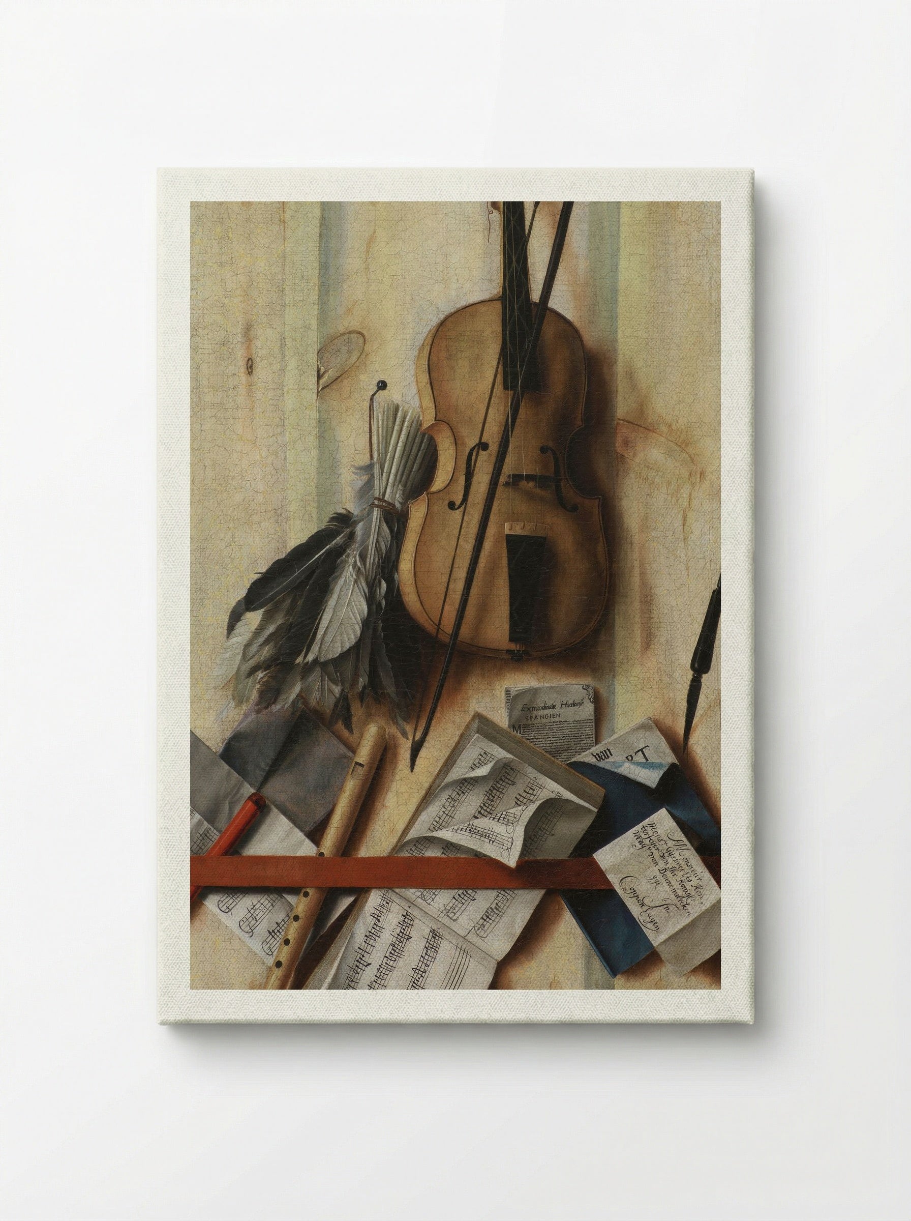 Trompe l'oeil with violin, sheet music and recorder - Cornelis Norbertus Gysbrechts - Canvas