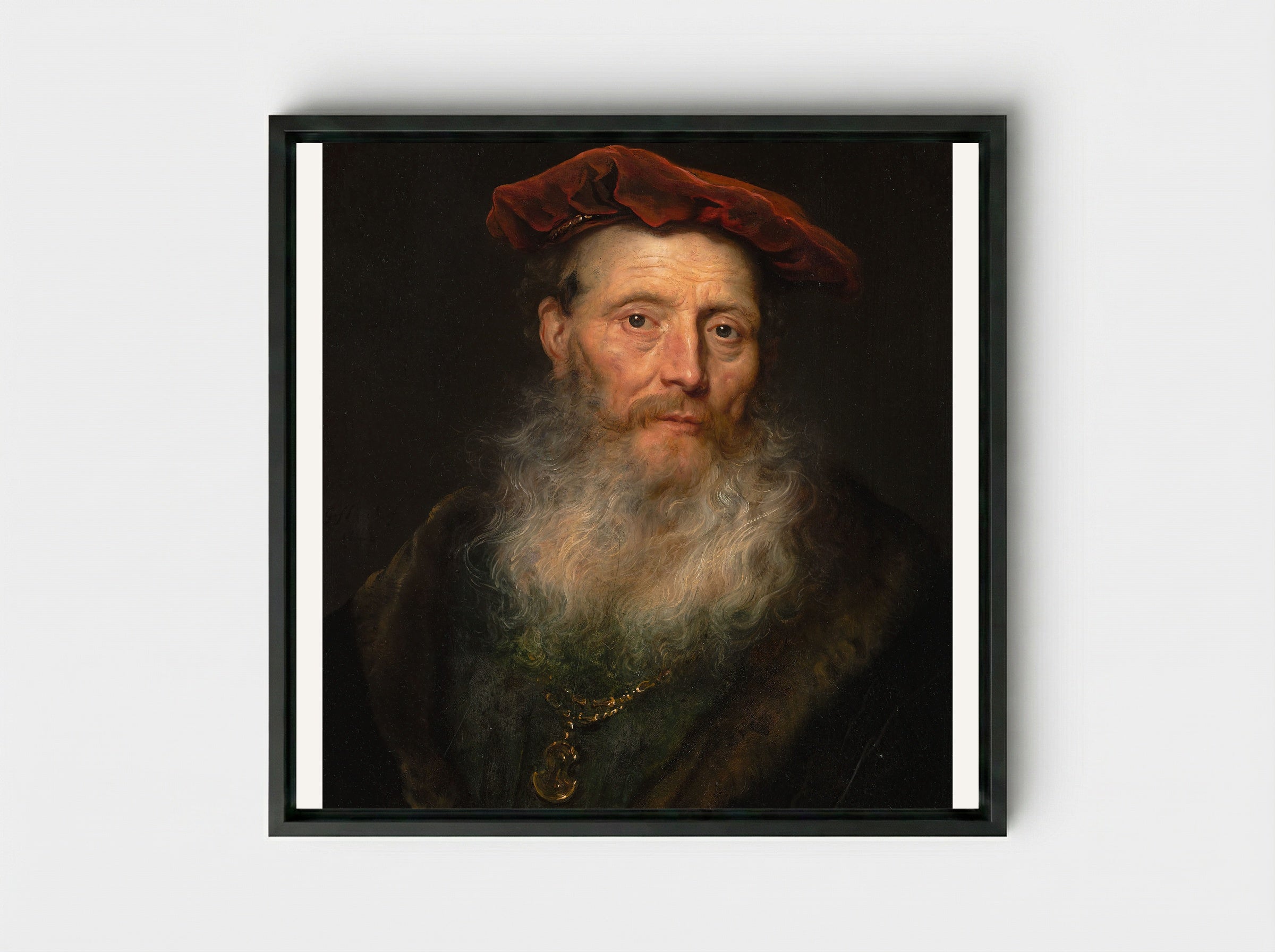 Bearded Man with a Velvet Cap - Govert Flinck - Framed Canvas Black