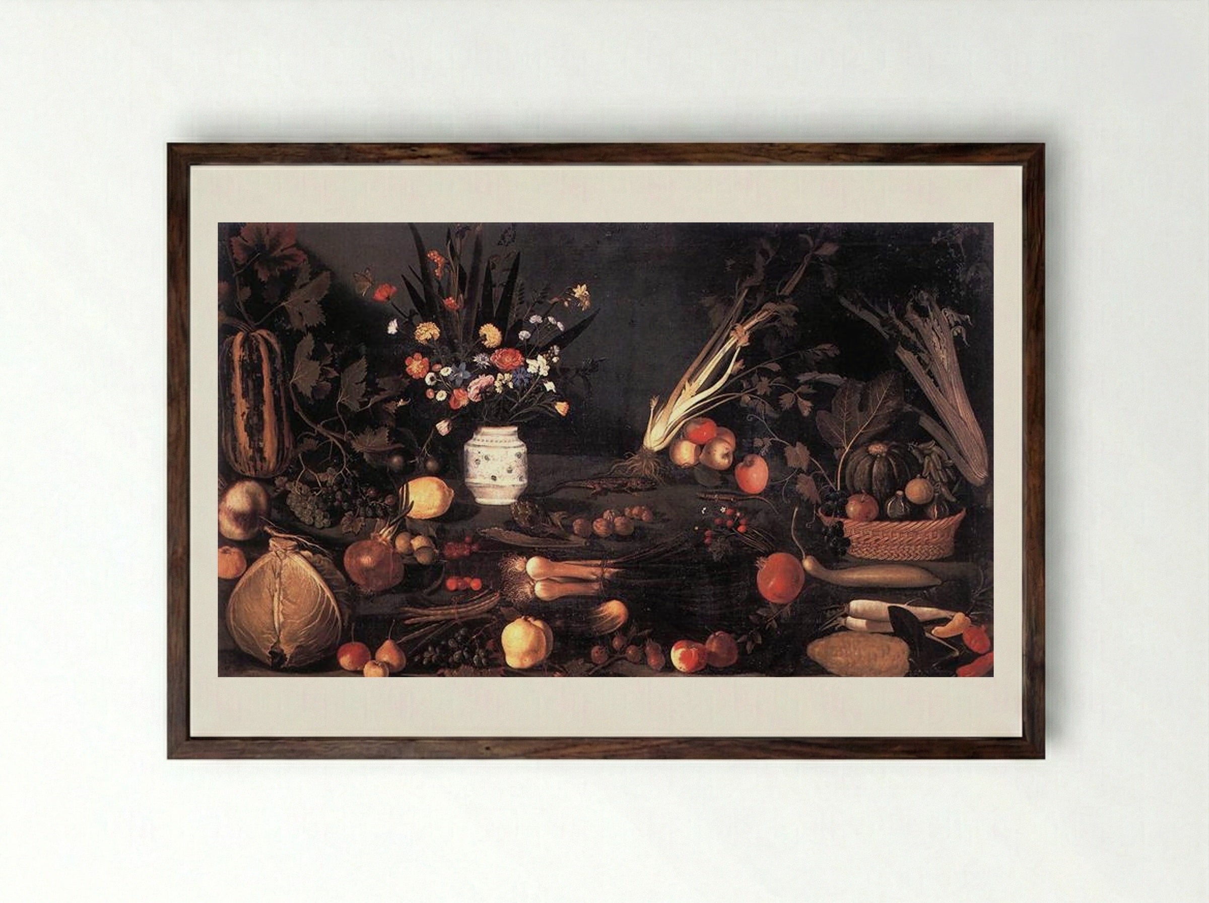 Still Life with Flowers and Fruit - Michelangelo Merisi da Caravaggio - Framed Print Dark Wood
