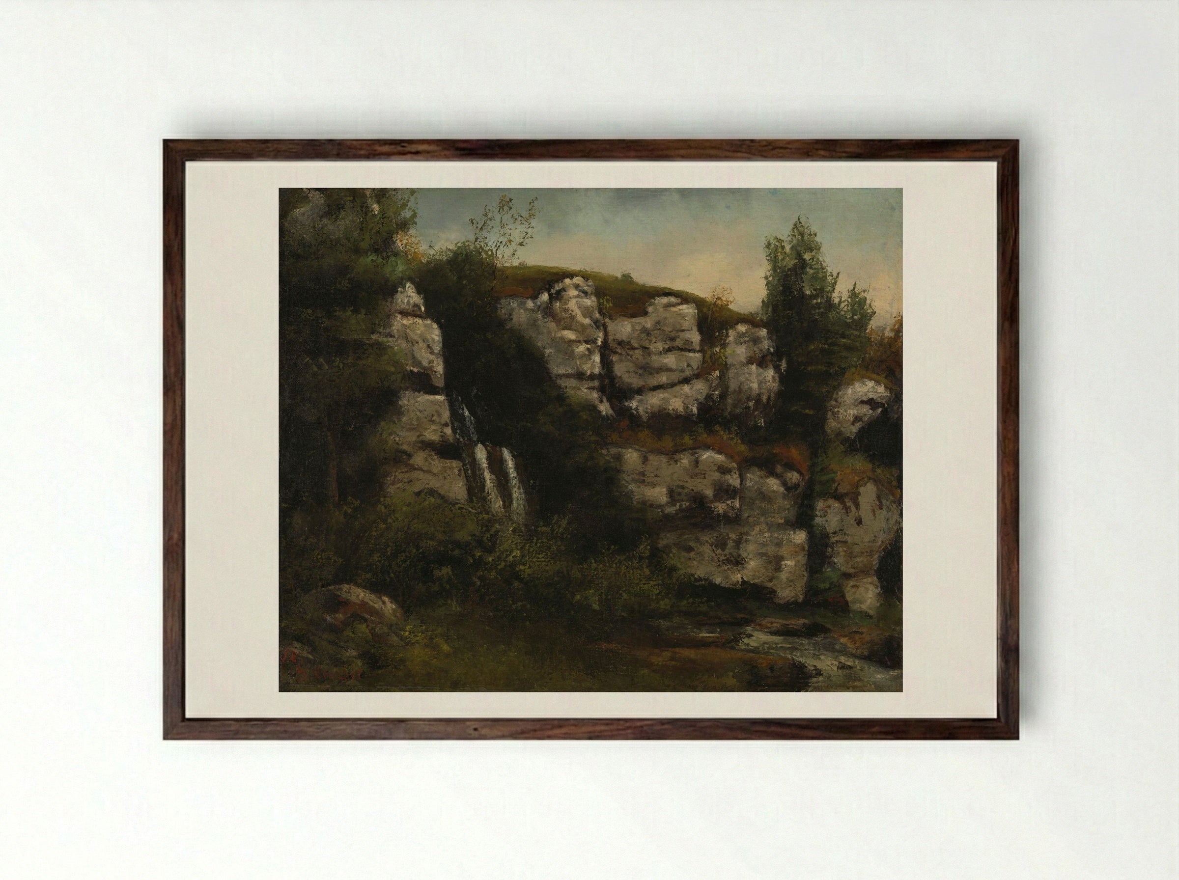 Landscape with Rocks and Waterfall - Gustave Courbet - Framed Print Dark Wood