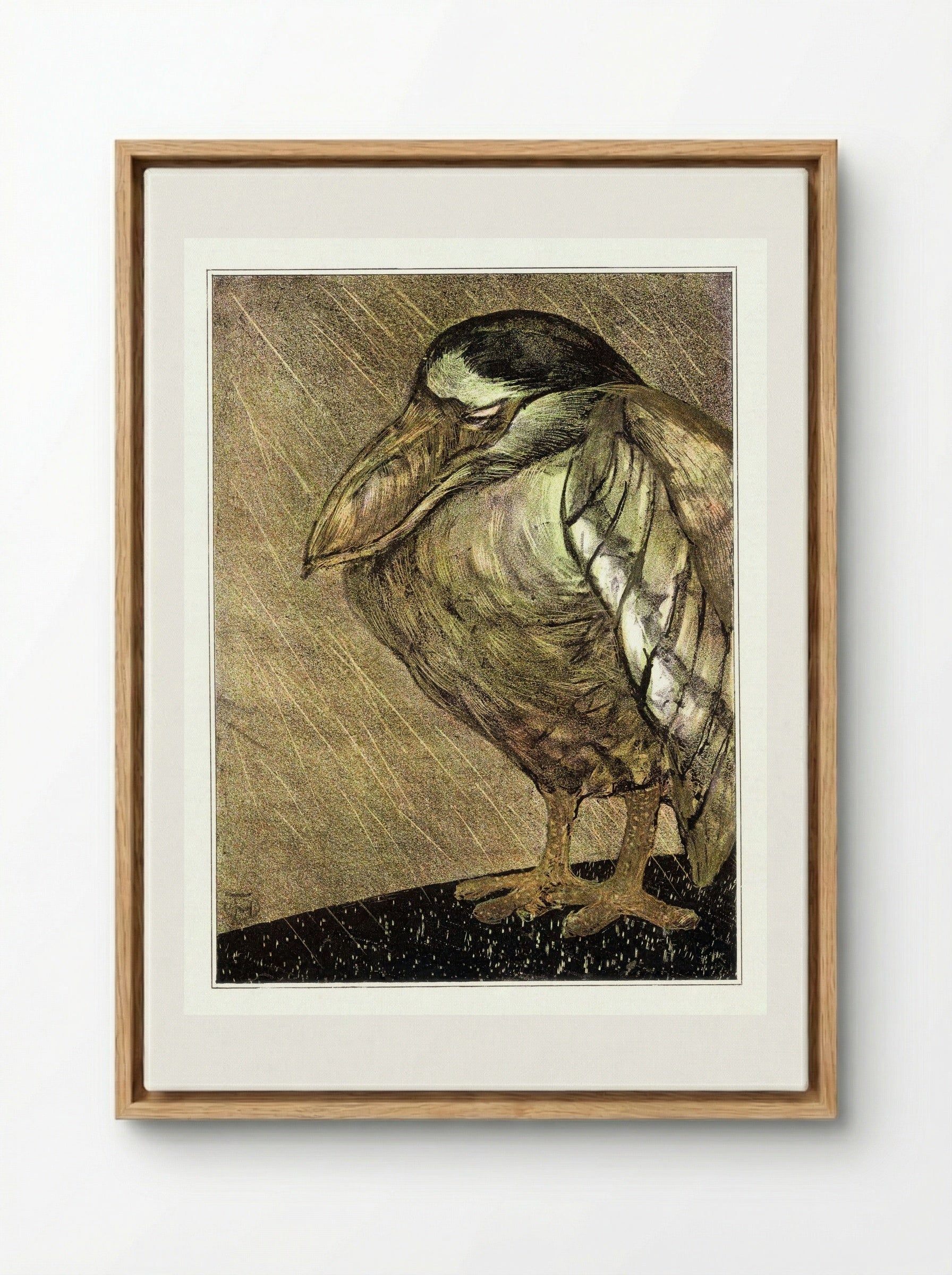 Schuitbekreiger in de regen (Night Heron in the Rain) - Theodorus van Hoytema - Framed Canvas Wood