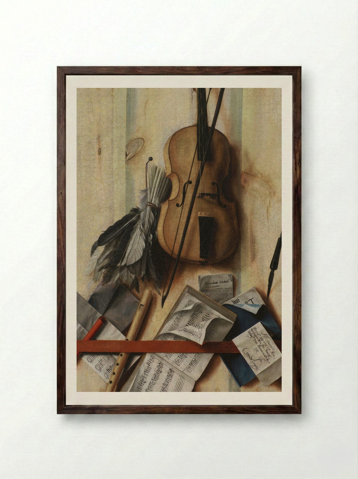 Trompe l'oeil with violin, sheet music and recorder - Cornelis Norbertus Gysbrechts - Framed Print Dark Wood