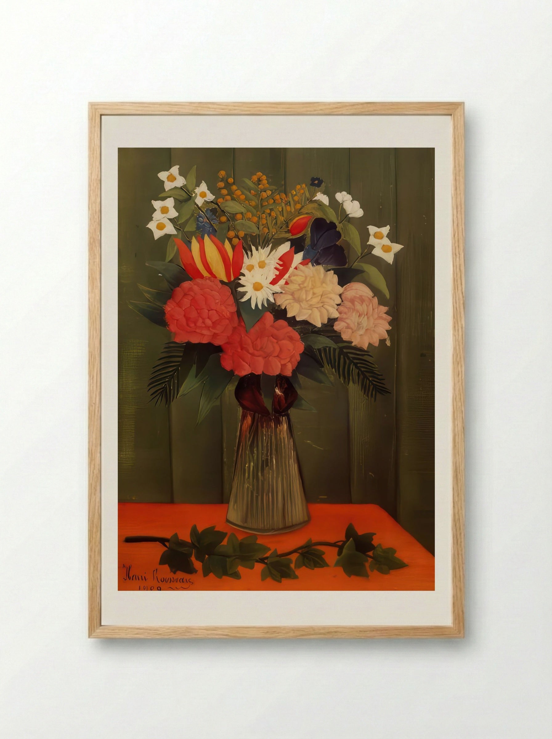 Bouquet of Flowers with Ivy Branch by Henri Rousseau – Vintage Botanical Still Life Print - Framed Print Wood