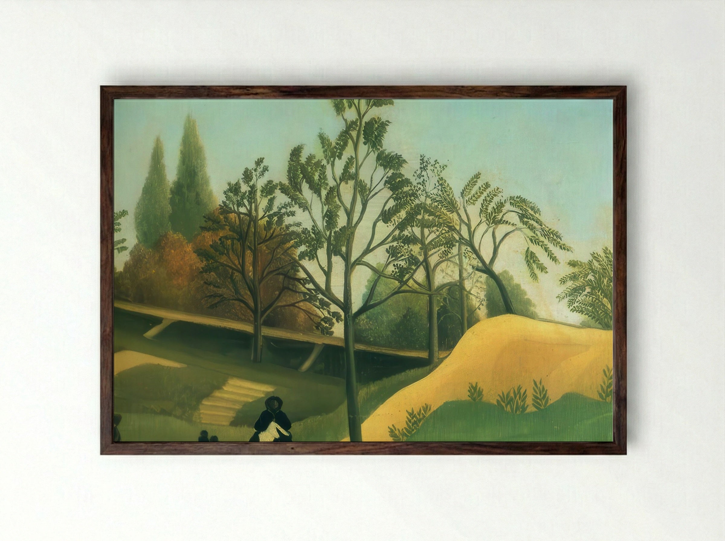 View of the Fortifications by Henri Rousseau – Naïve Art Urban Landscape Print - Framed Print Dark Wood