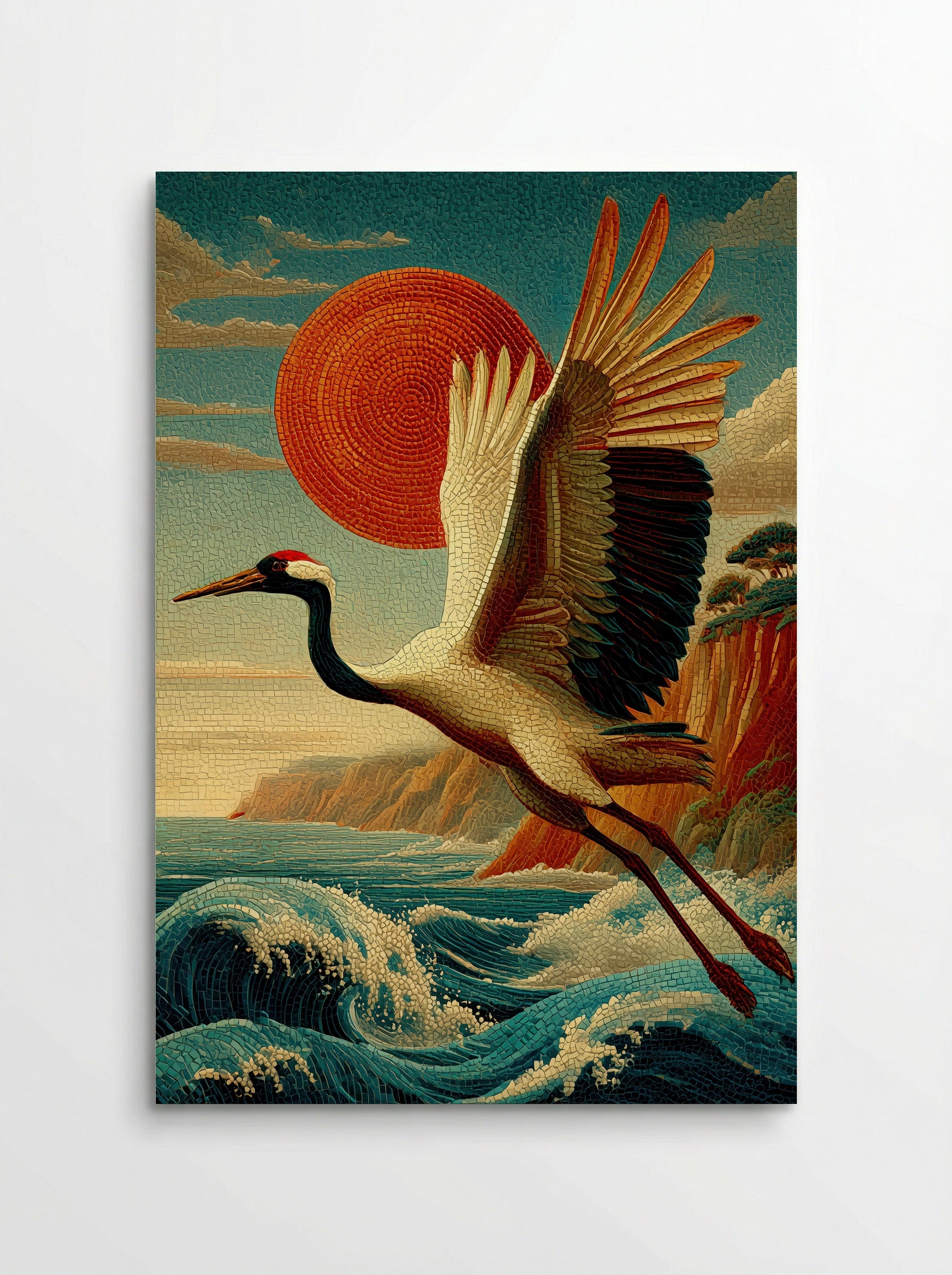 Crane Over Crimson Sun – Japanese Mosaic Print - Poster