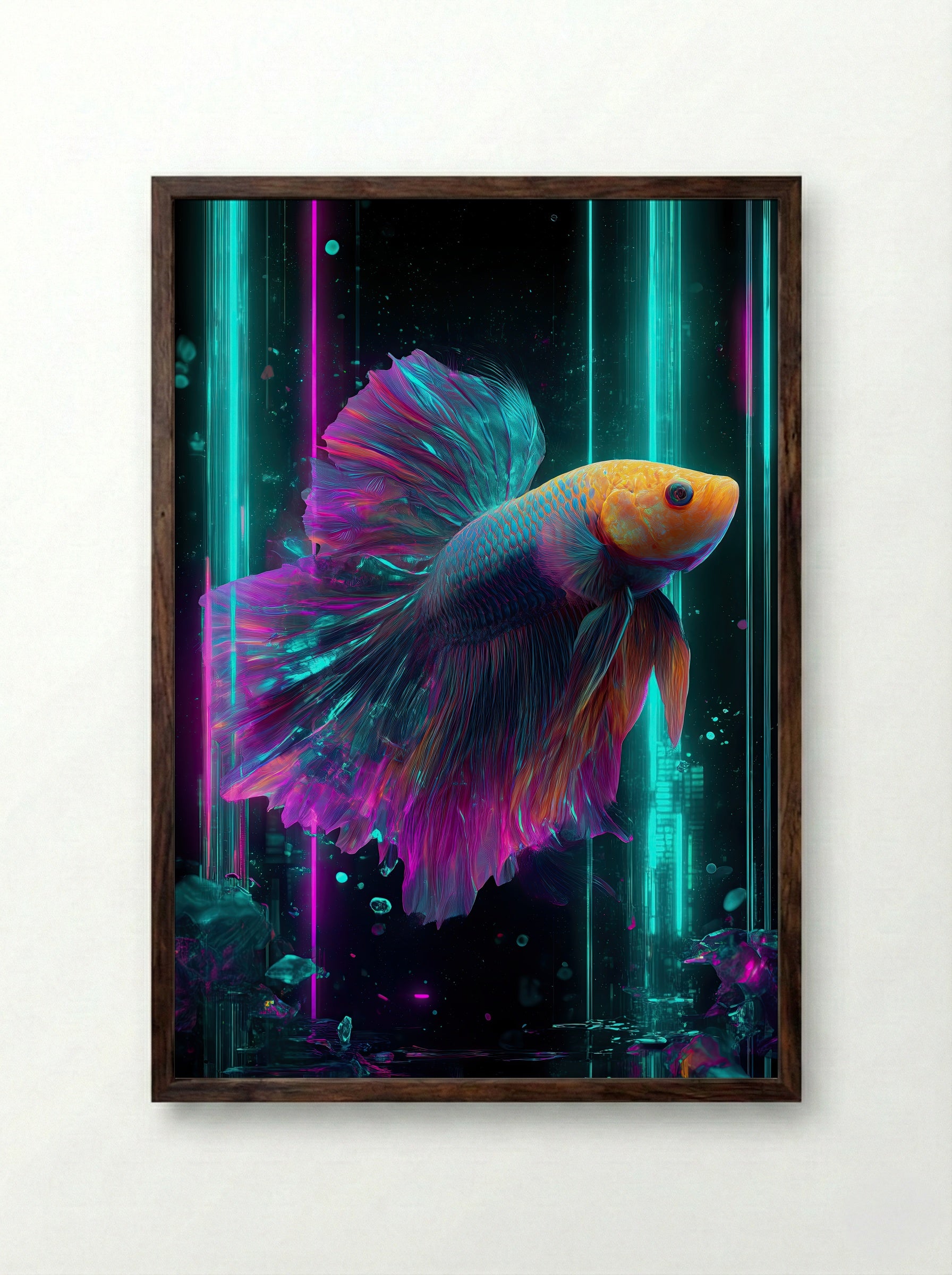 Neon Betta No.1 – Radiant Glowfish in Cyan & Magenta - Framed Print Dark Wood