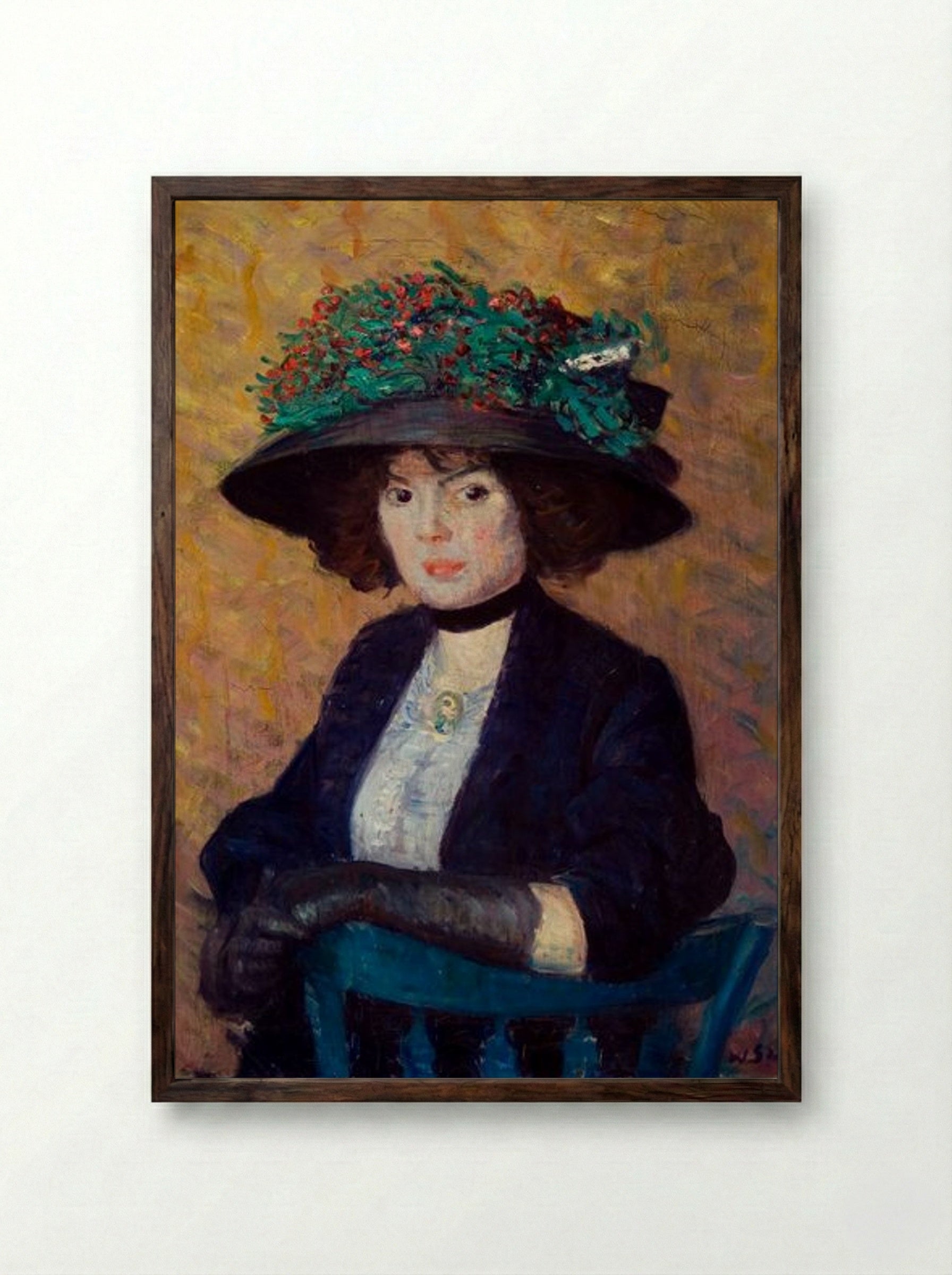 Woman with Green Hat - William James Glackens - Framed Print Dark Wood