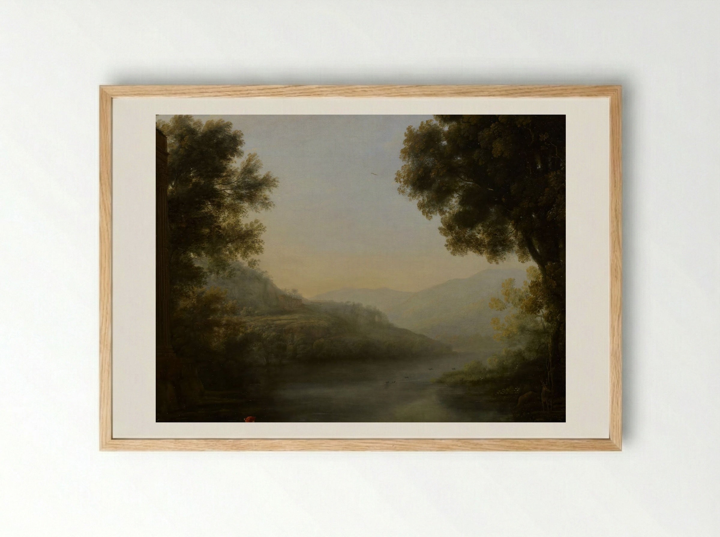 Two Goat Herders Seated on the Left Bank of a River Amidst Their Flock - Nicolaes Berchem - Framed Print Wood