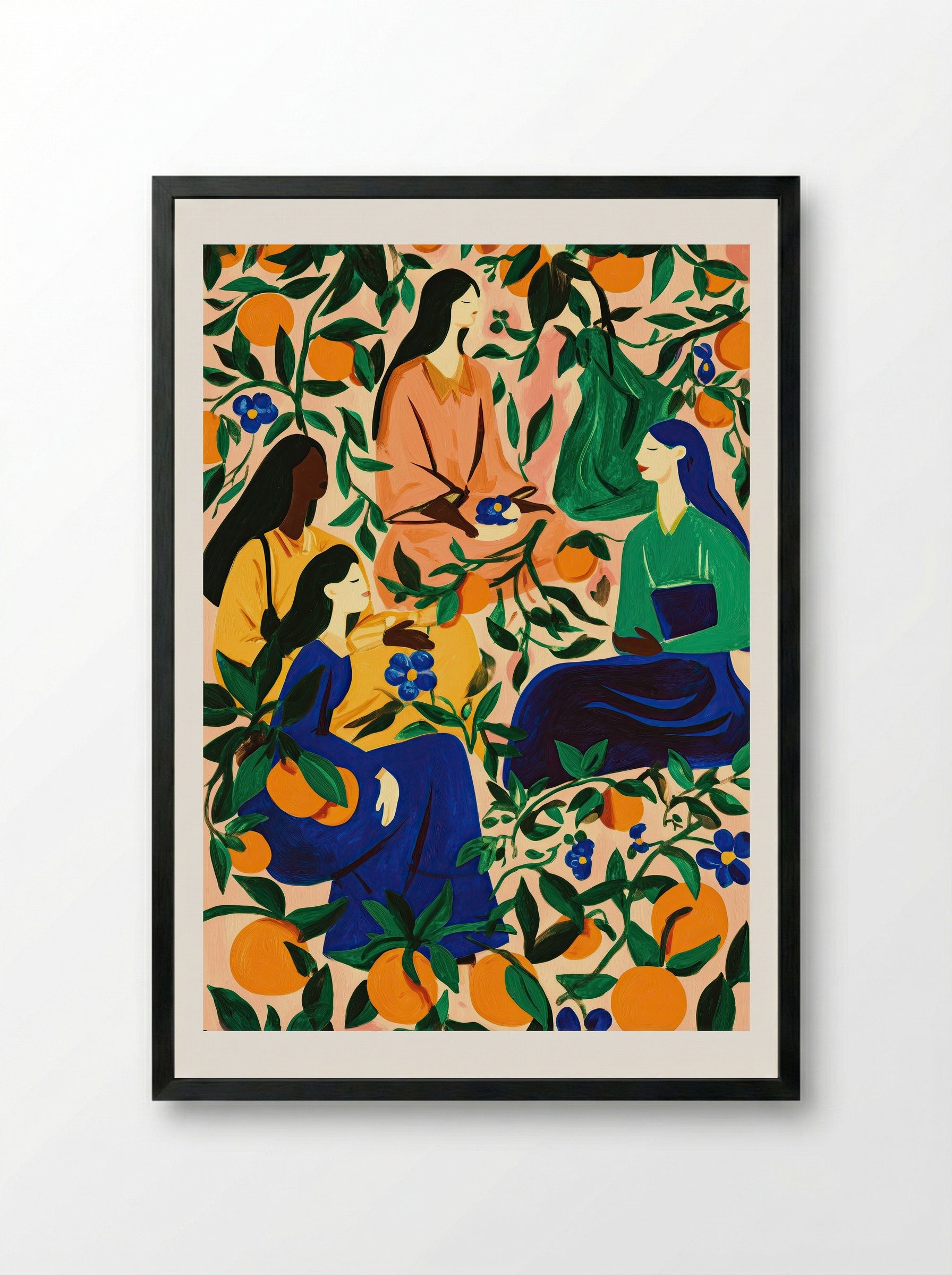 Orange Grove Gathering Botanical Portrait Print - Framed Print Black