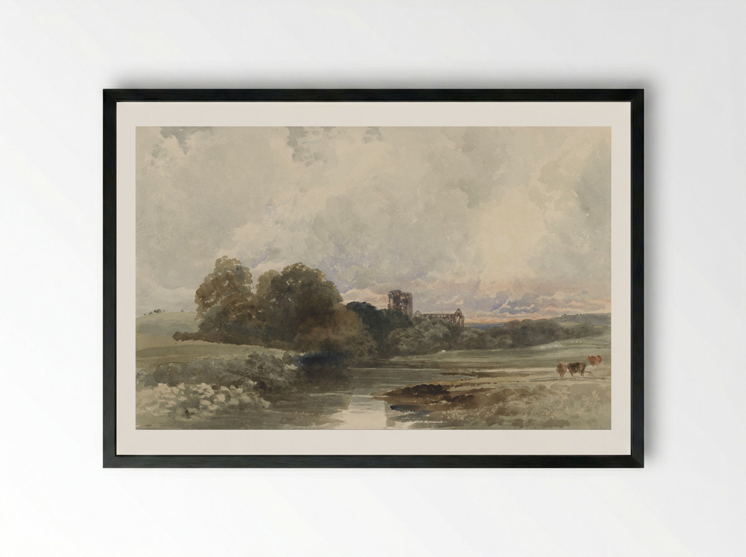 Evening View of Kirkstall Abbey, Yorkshire - Peter de Wint - Framed Print Black