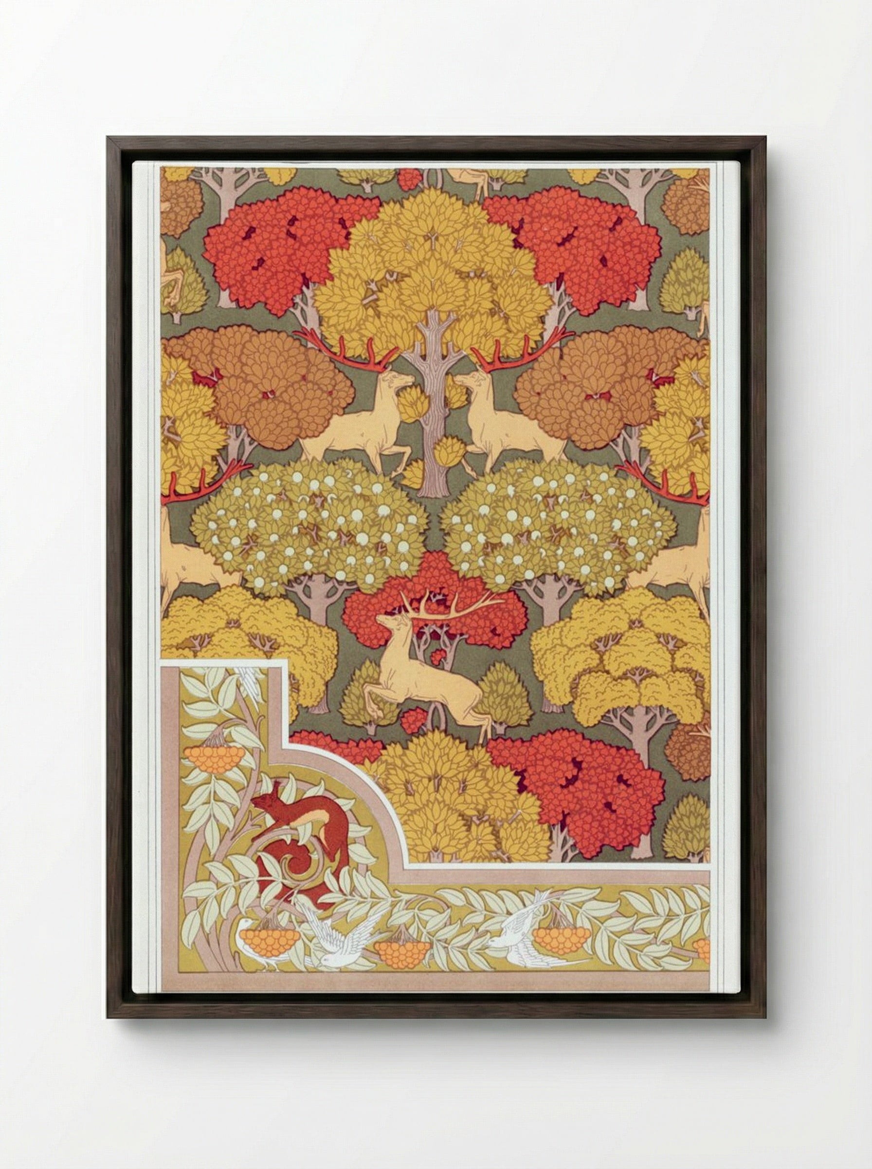 Cerfs et Arbres (Wallpaper Design with Deer and Trees) - Maurice Pillard Verneuil - Framed Canvas Dark Wood