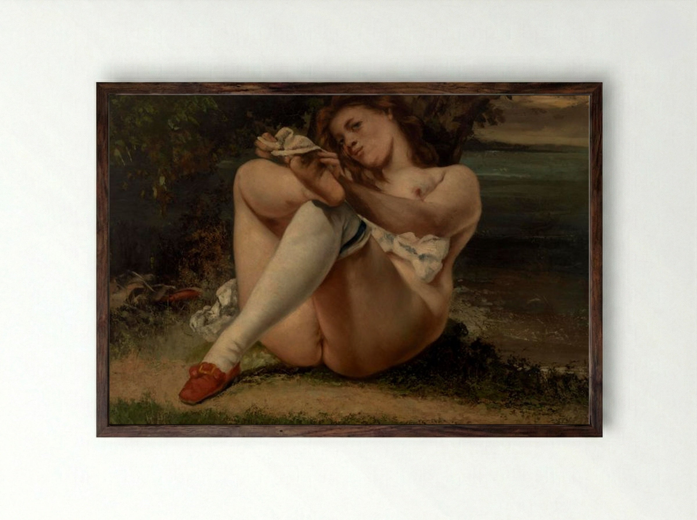 Woman with White Stockings (La Femme aux bas blancs) - Gustave Courbet - Framed Print Dark Wood