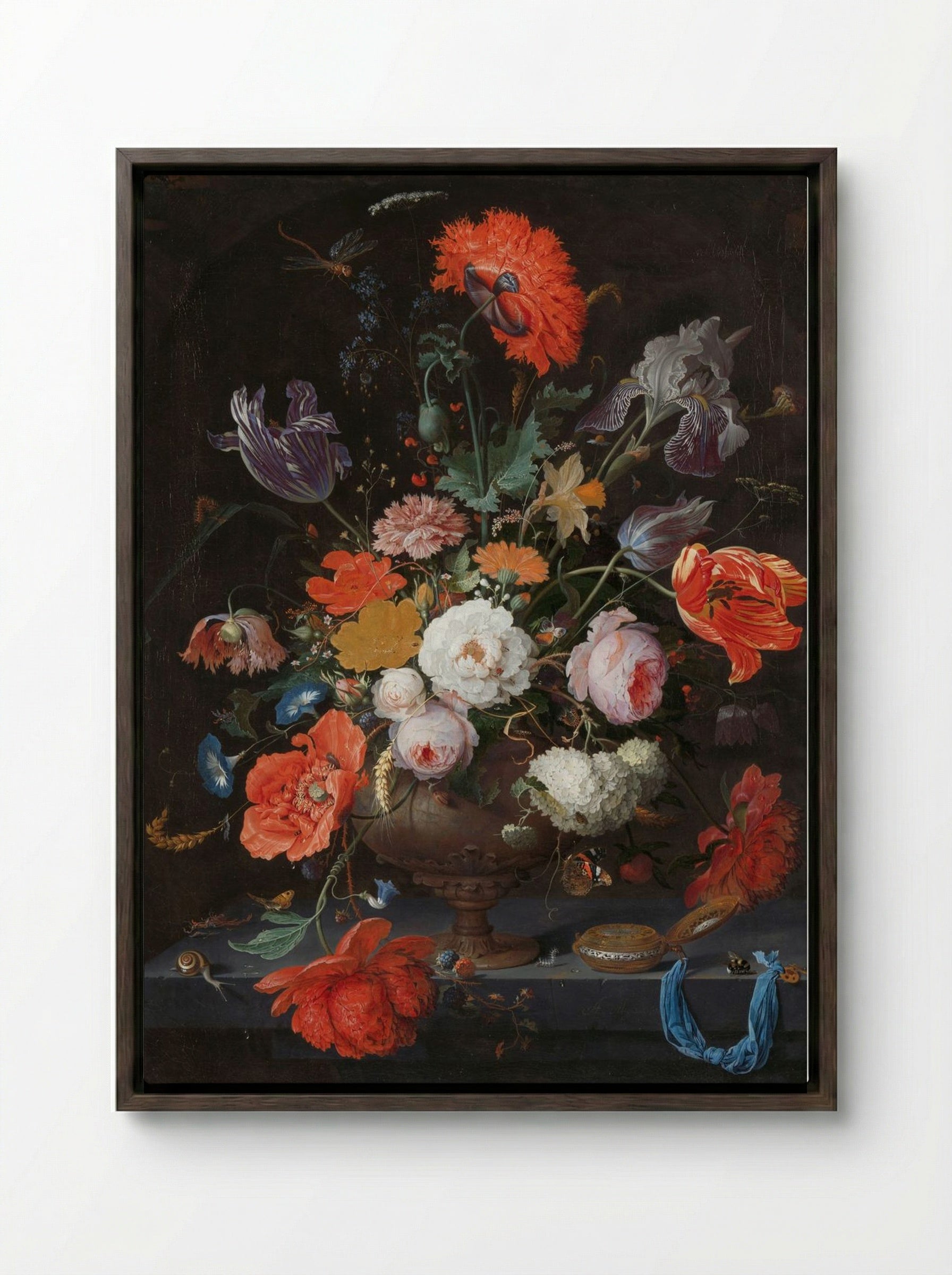 Still Life with Flowers in a Vase - Jan van Huysum - Framed Canvas Dark Wood