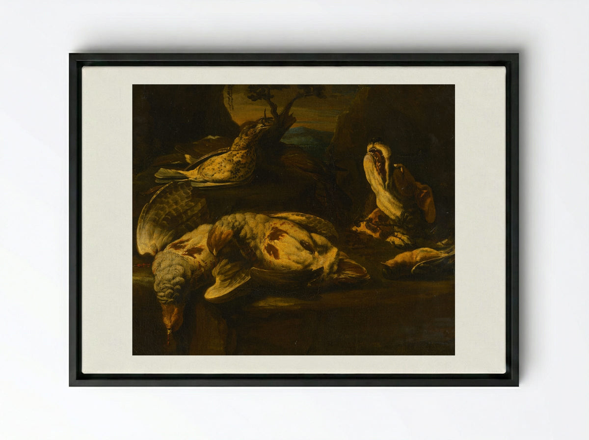 Hunting Still Life with Birds and Dog - Fine Art Print - Framed Canvas Black