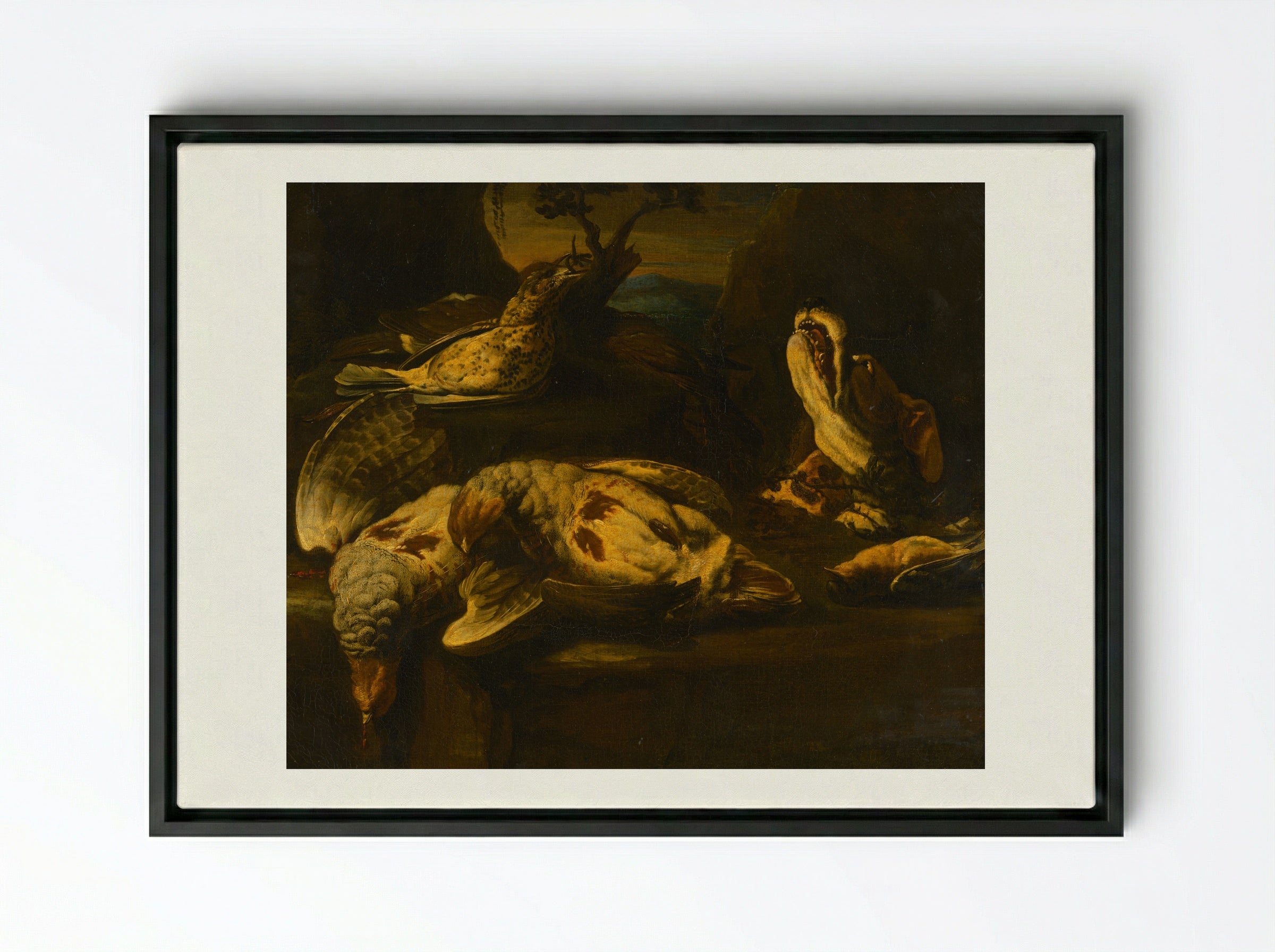 Hunting Still Life with Birds and Dog - Fine Art Print - Framed Canvas Black