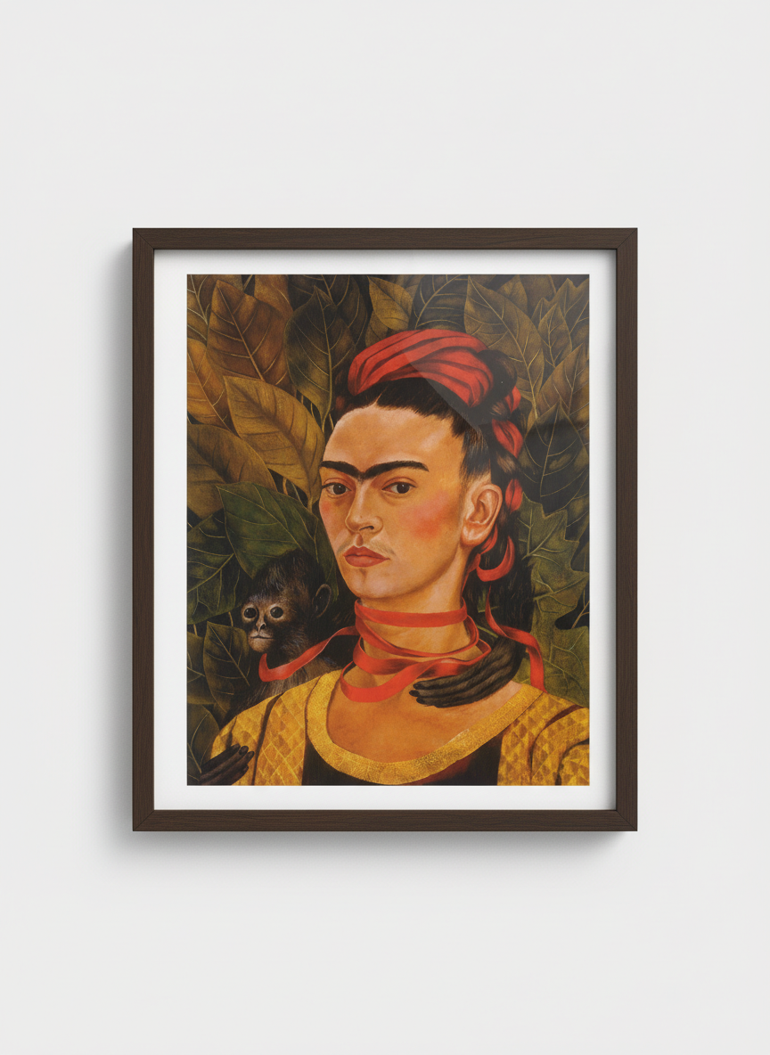 Self-Portrait with Monkey - Frida Kahlo - Framed Print Dark Wood