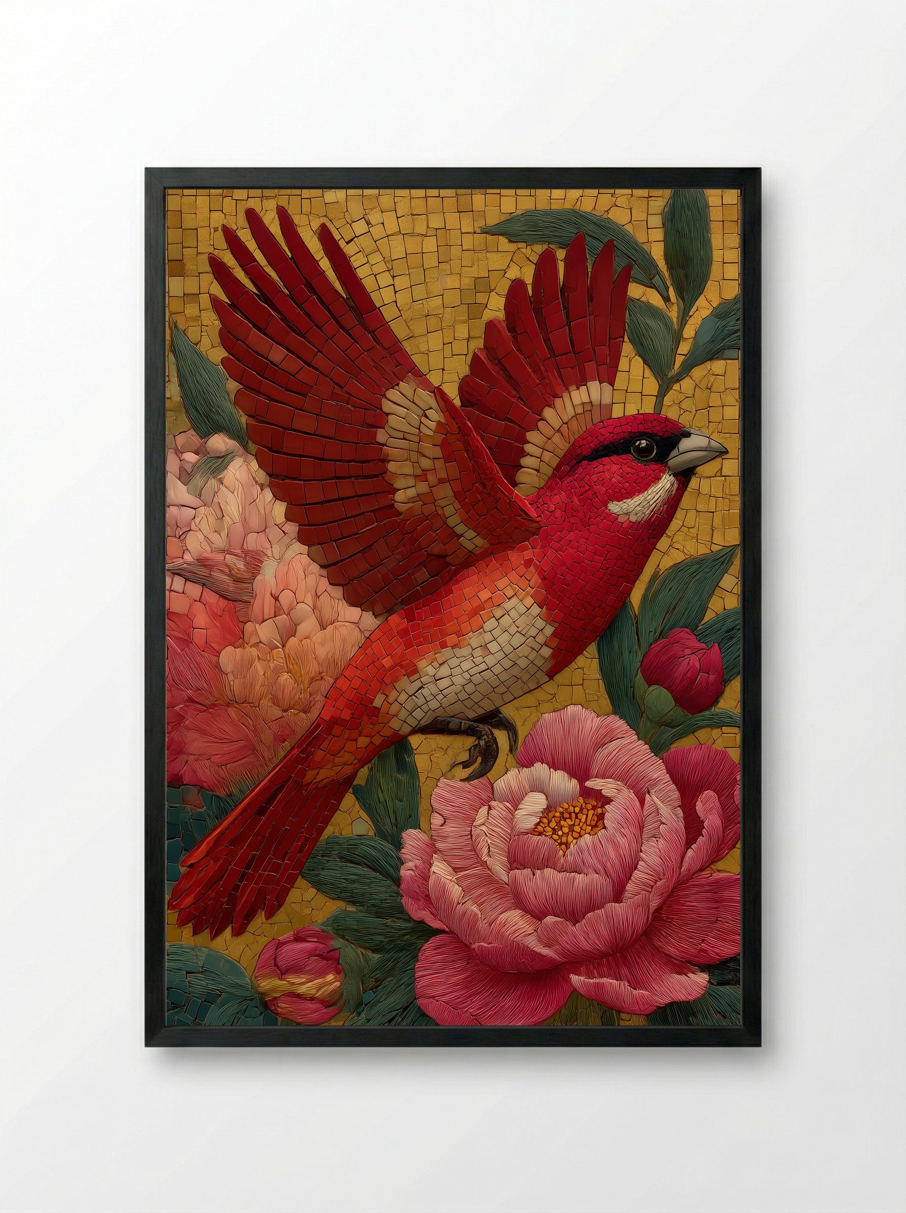 Phoenix Among Peonies in Golden Sky - Japanese Mosaic Print - Framed Print Black