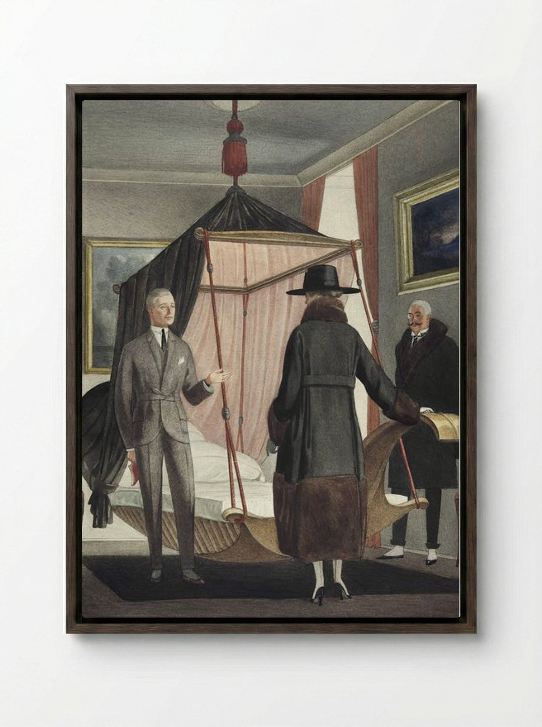 Two Men and a Woman in a Bedroom - Otto Friedrich Carl Lendecke - Framed Canvas Dark Wood