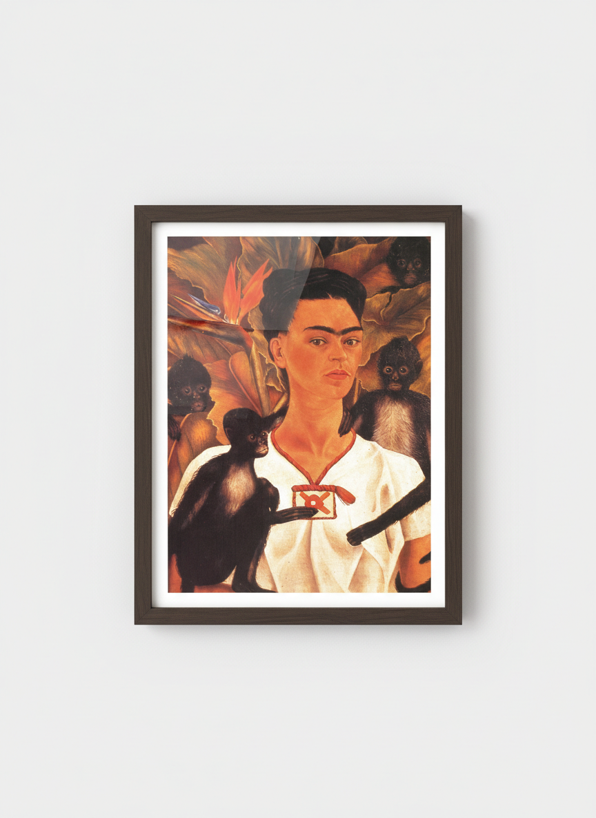 Self-Portrait with Monkeys - Frida Kahlo - Framed Print Dark Wood