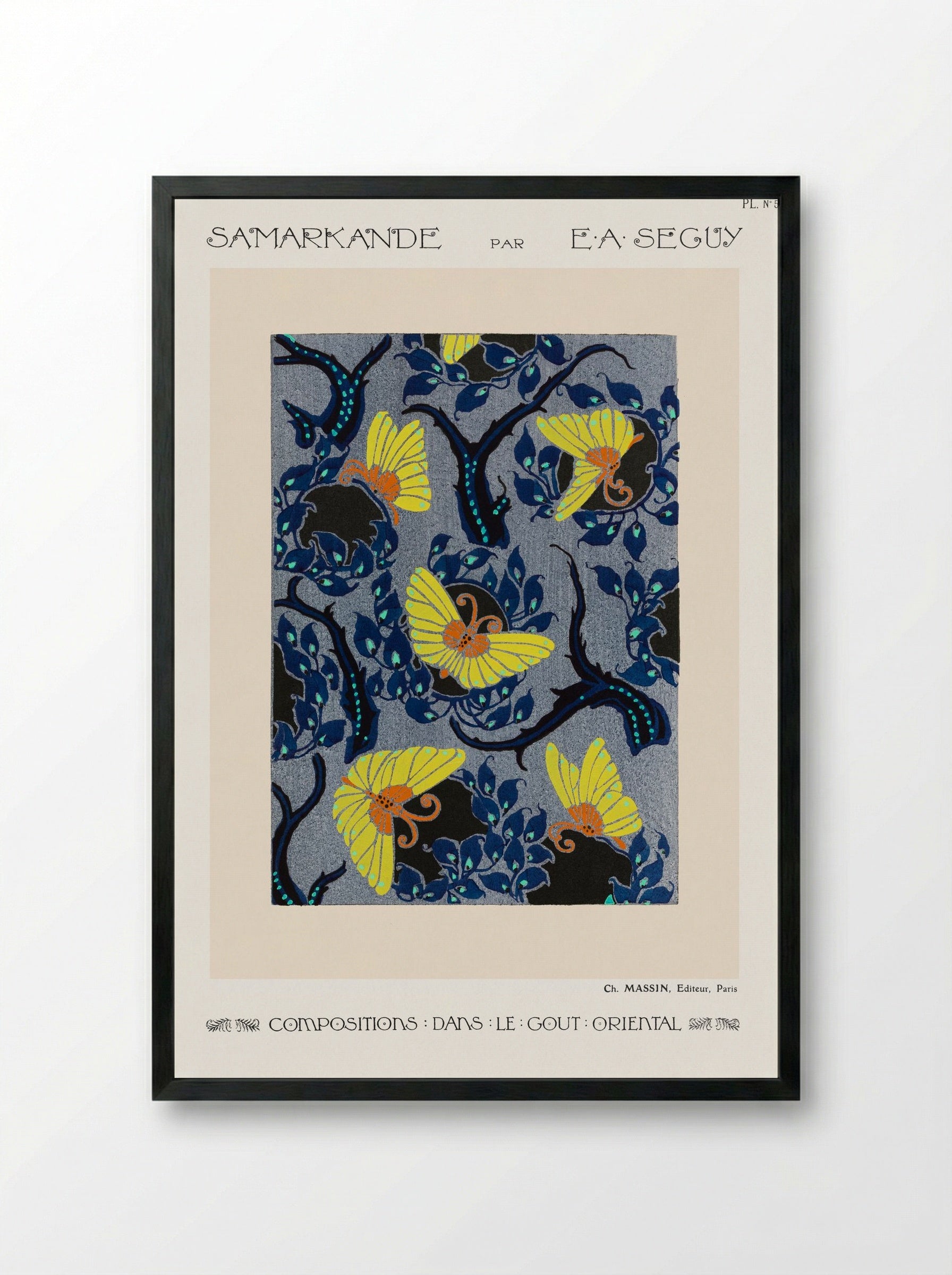 Samarkande, Plate No. 5 (Butterflies and Branches) - E. A. Séguy - Framed Print Black