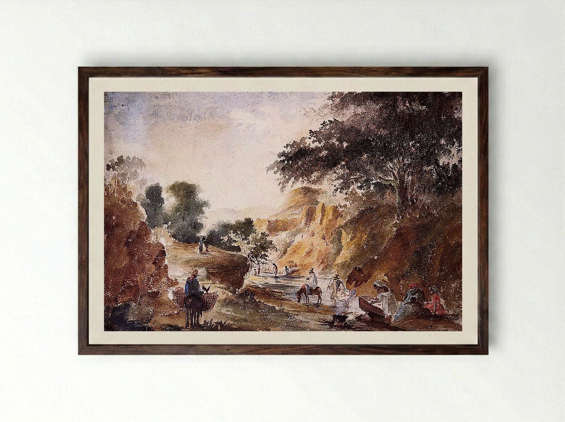 Landscape with Figures by a River - Fine Art Print - Framed Print Dark Wood