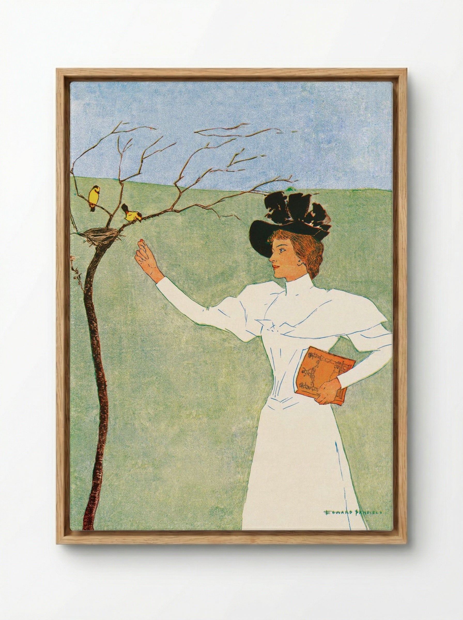 Woman Reaching for Birds - Edward Penfield - Framed Canvas Wood