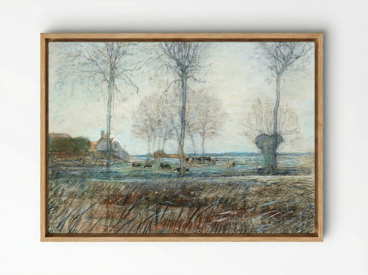 Farm Setting, Three Tall Trees in the Foreground - Piet Mondrian - Framed Canvas Wood