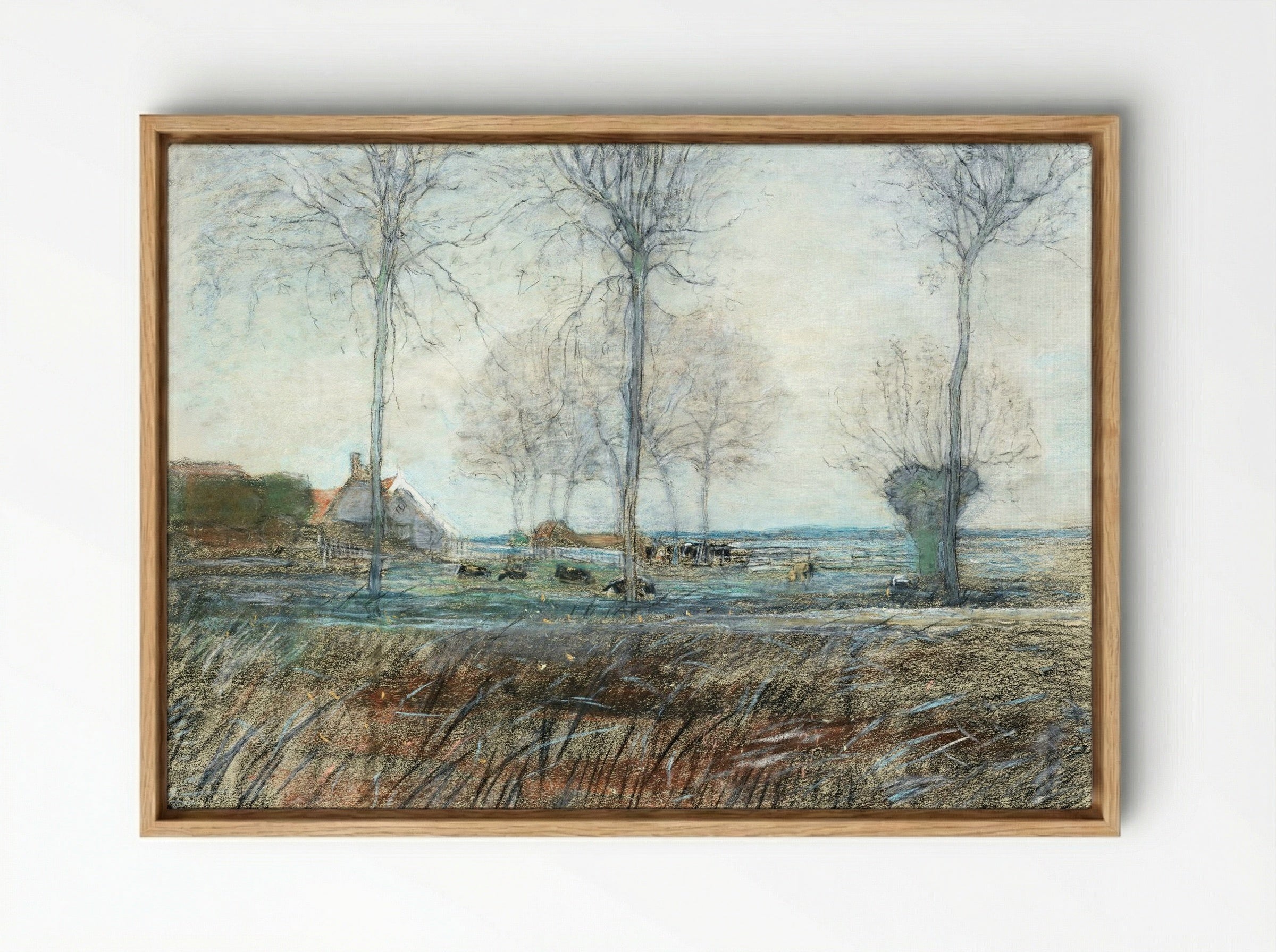 Farm Setting, Three Tall Trees in the Foreground - Piet Mondrian - Framed Canvas Wood