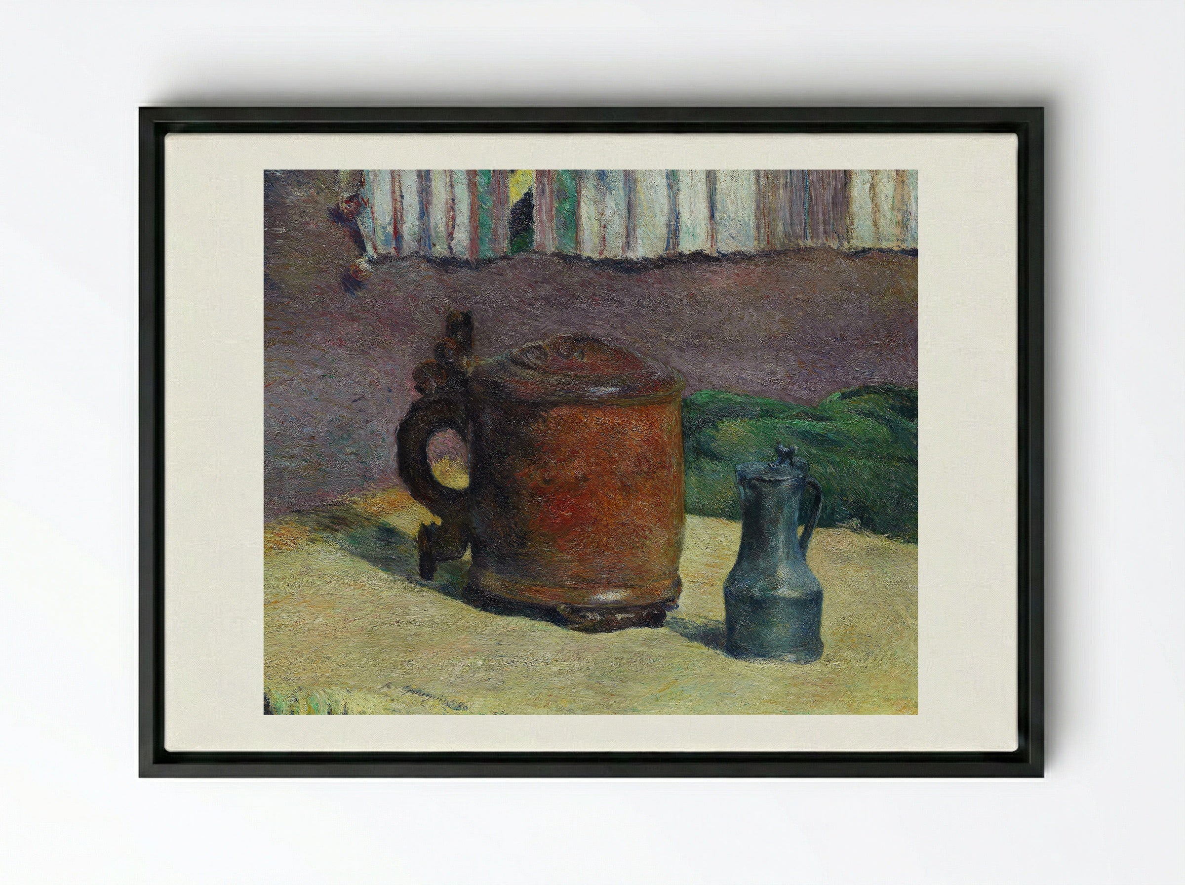 Still Life with Wood Tankard and Metal Pitcher - Paul Gauguin - Framed Canvas Black