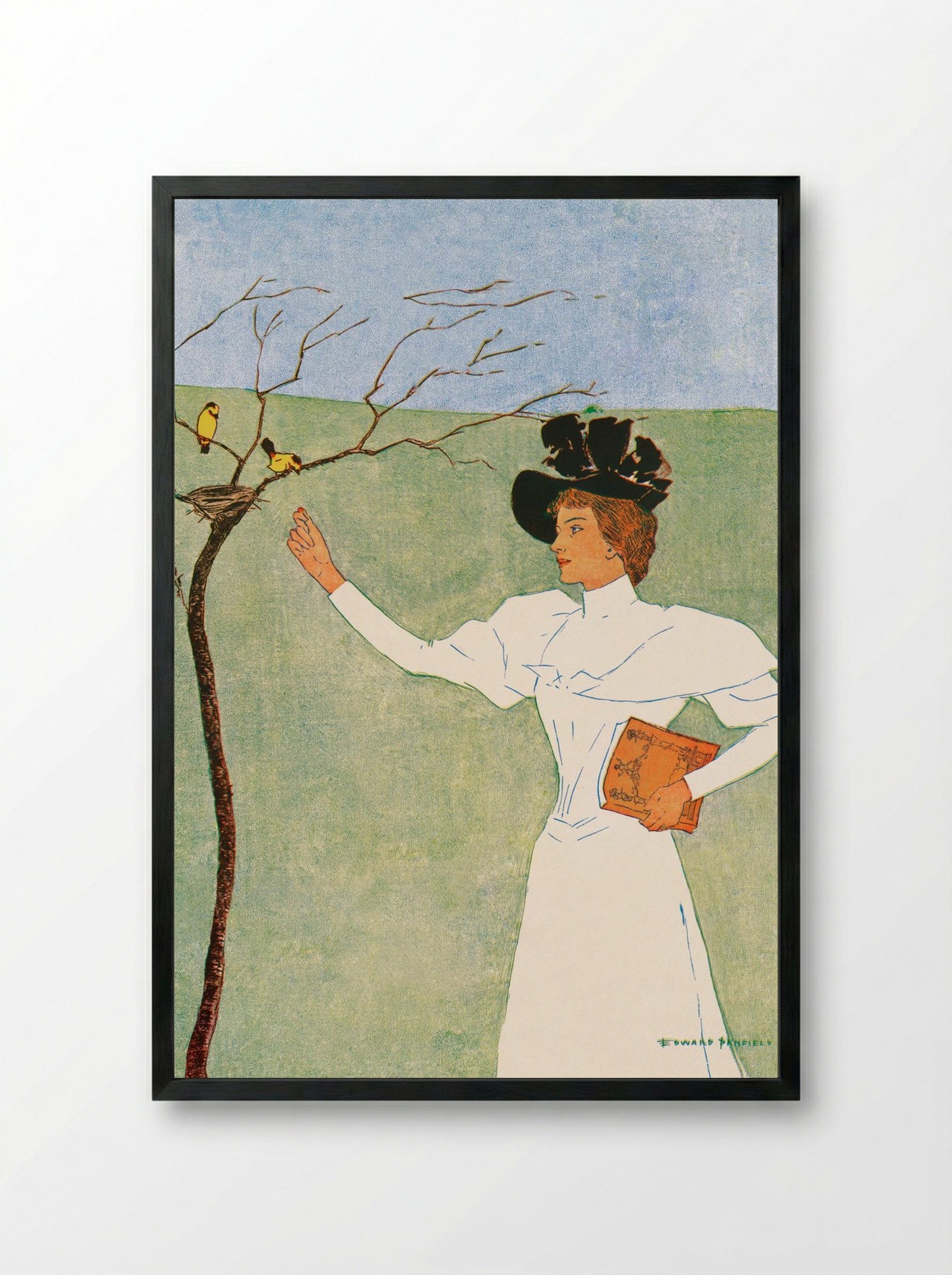 Woman Reaching for Birds - Edward Penfield - Framed Print Black