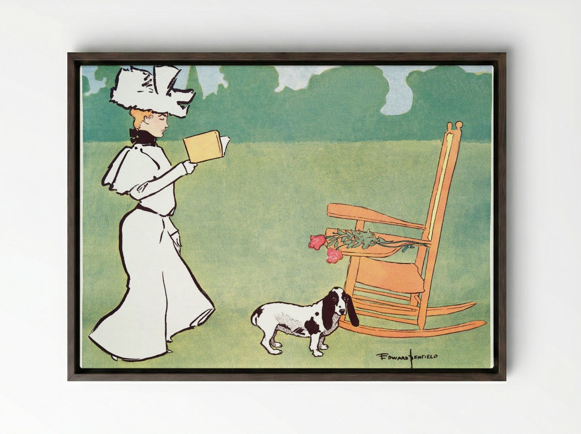 Woman Reading in the Garden - Edward Penfield - Framed Canvas Dark Wood