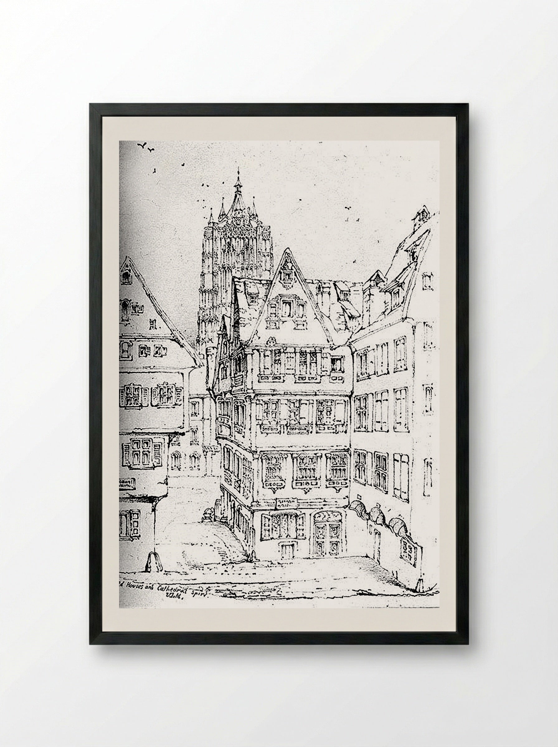 Houses and Cathedral Spire, Ulm - Walter M. Keesey - Framed Print Black