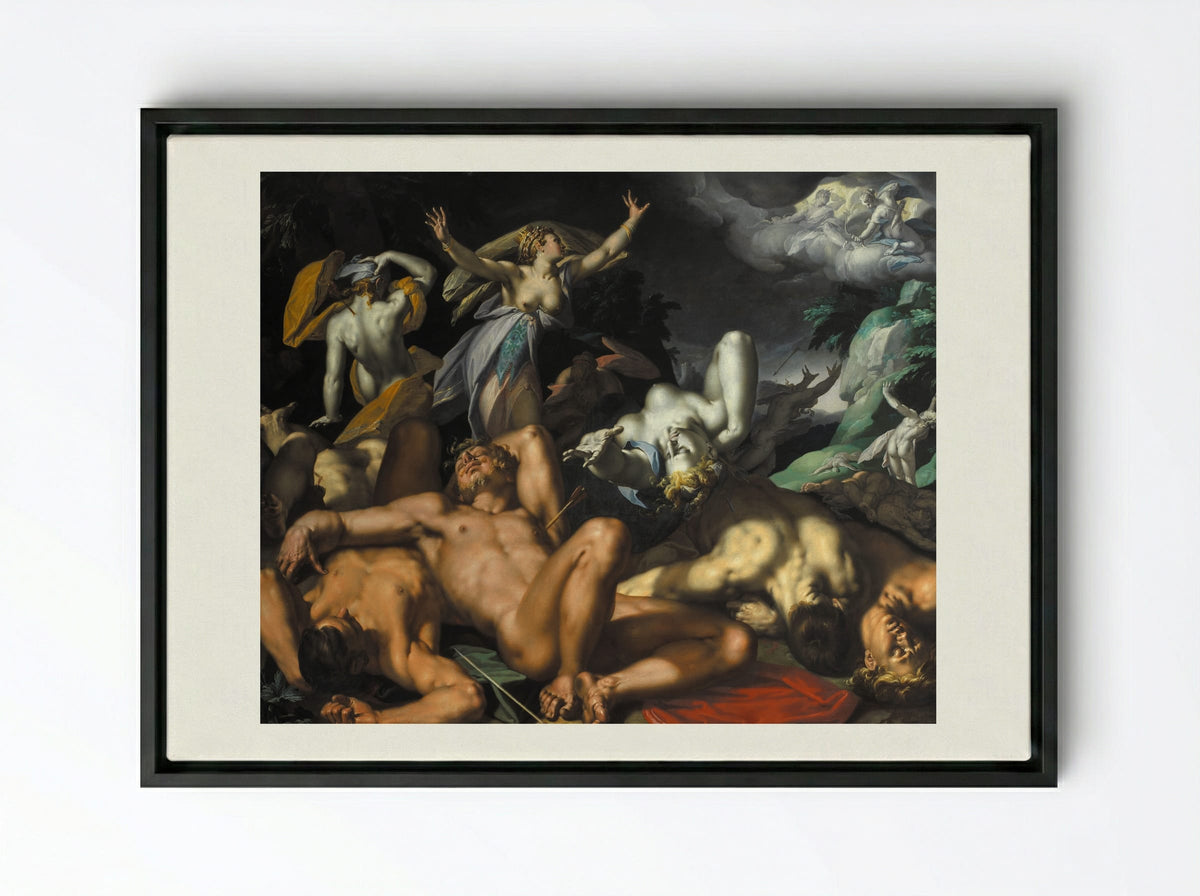 Apollo and Diana Punishing Niobe by Killing her Children - Abraham Bloemaert - Framed Canvas Black
