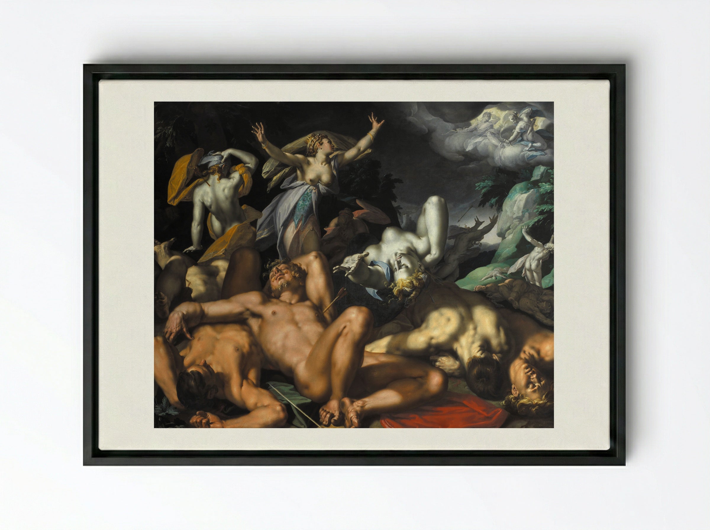 Apollo and Diana Punishing Niobe by Killing her Children - Abraham Bloemaert - Framed Canvas Black