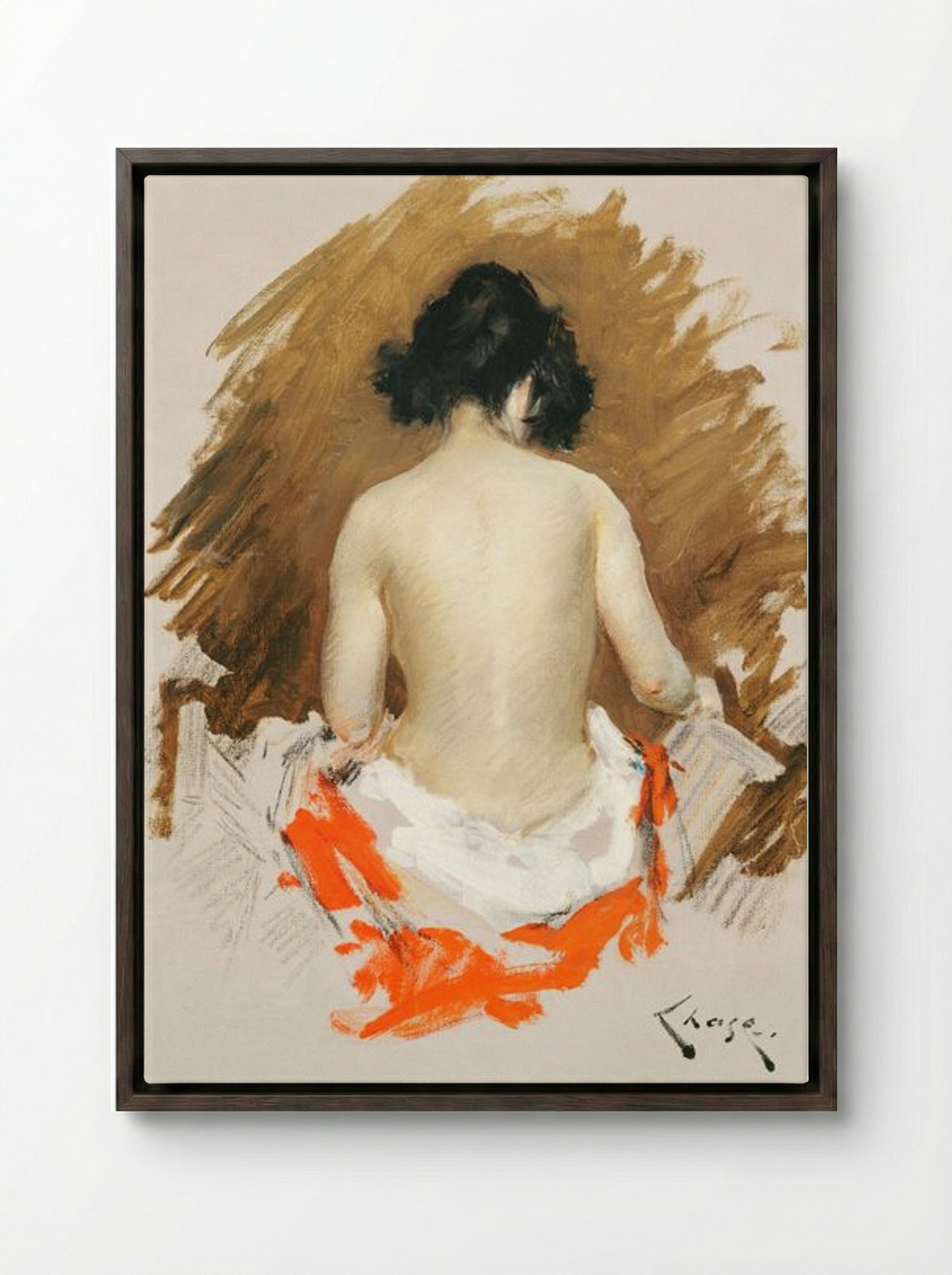 Nude with Kimono - William Merritt Chase - Framed Canvas Dark Wood