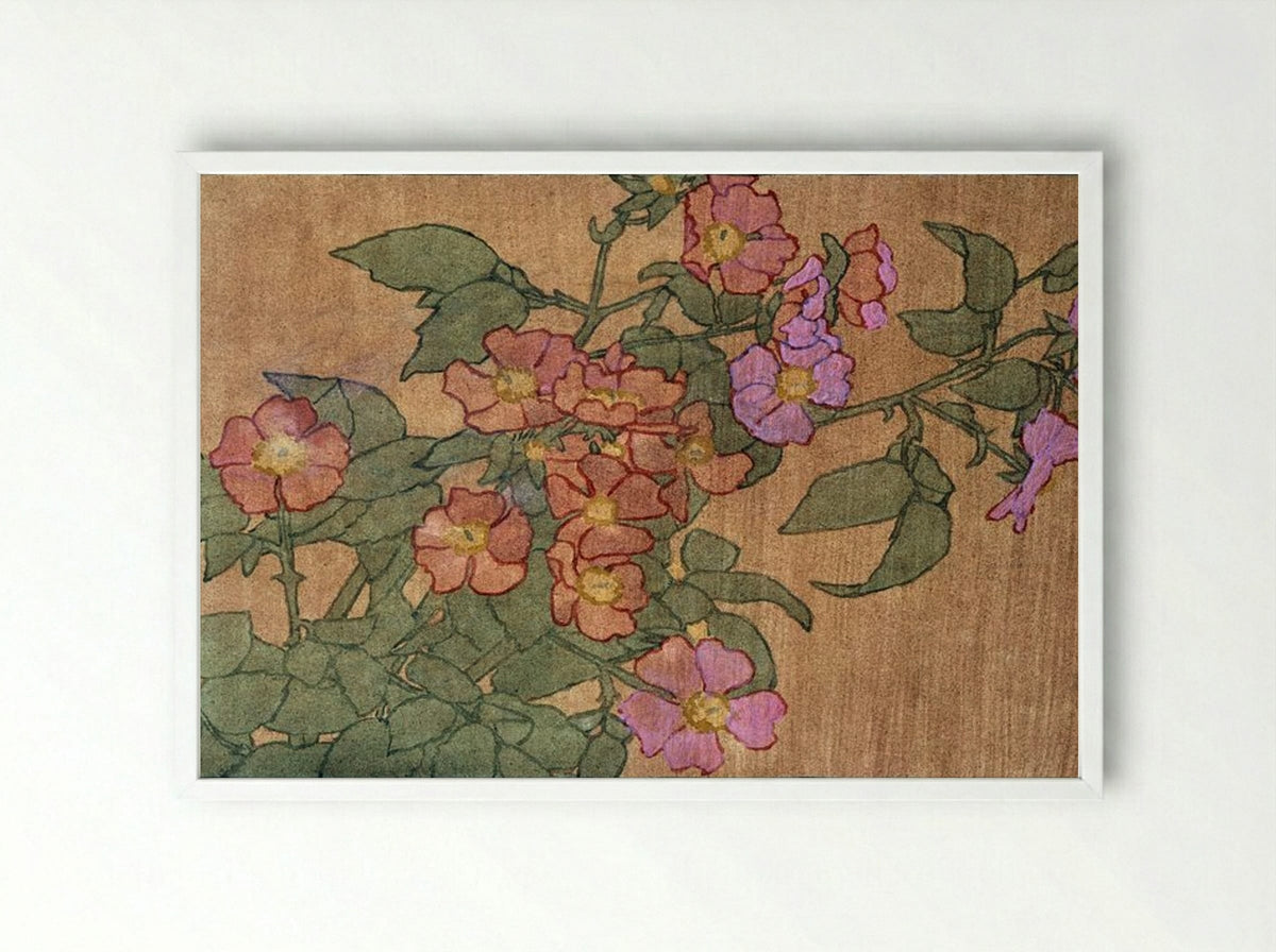 Pink Roses on Terracotta Colour Ground - Hannah Borger Overbeck - Framed Print White