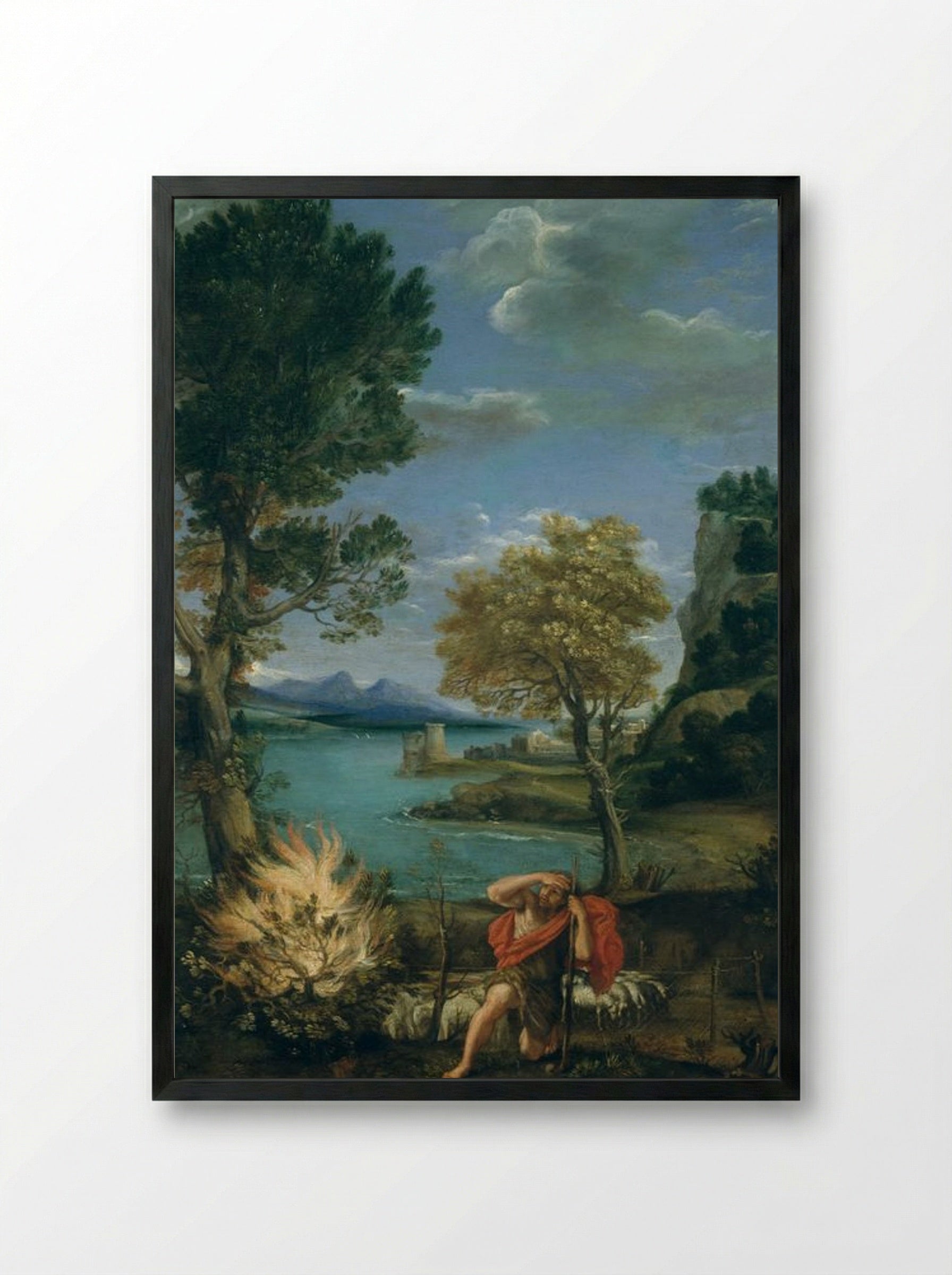 Landscape with Moses and the Burning Bush - Domenico Campagnola - Framed Print Black