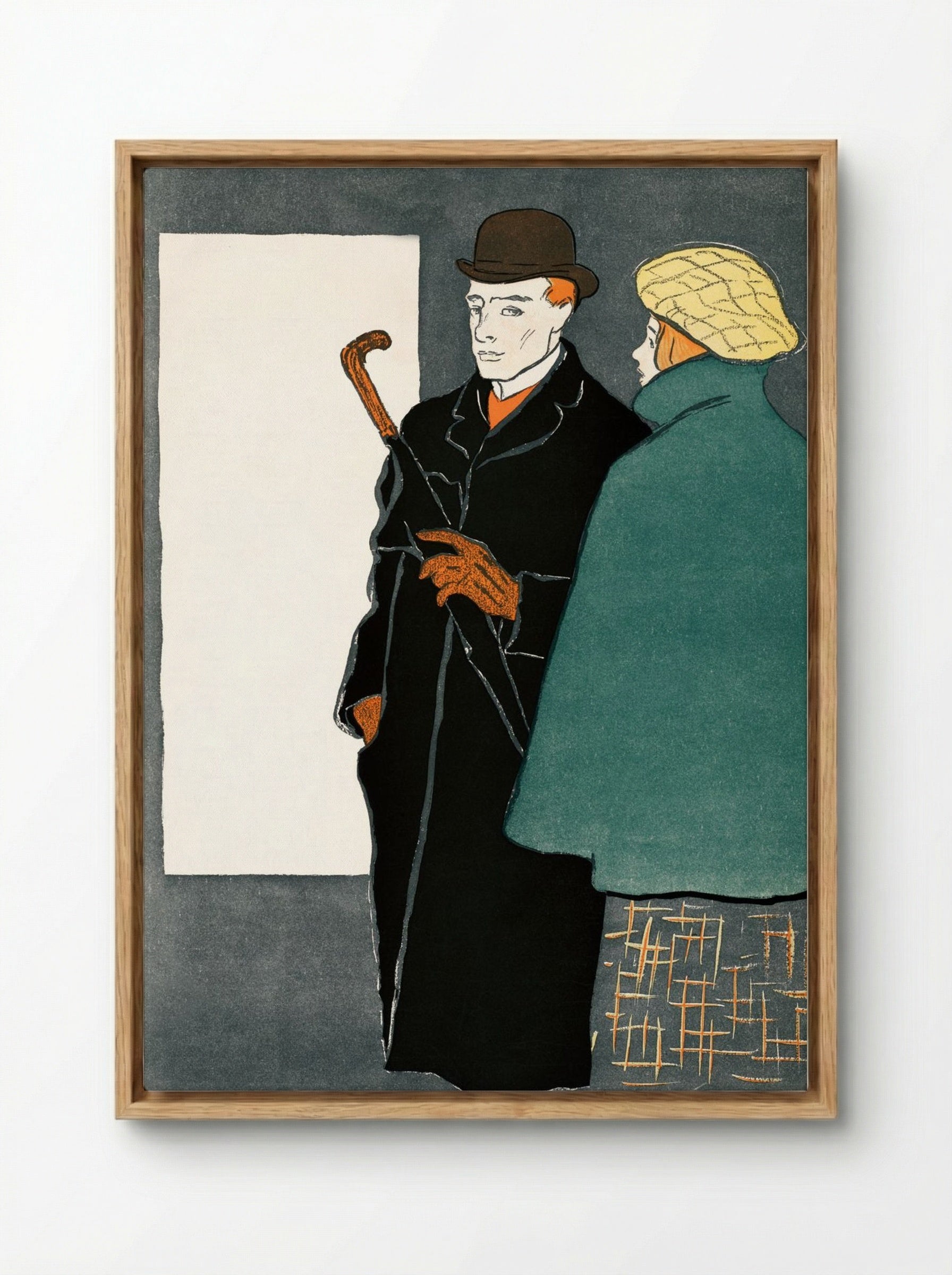 Man with Walking Stick and Woman - Edward Penfield - Framed Canvas Wood