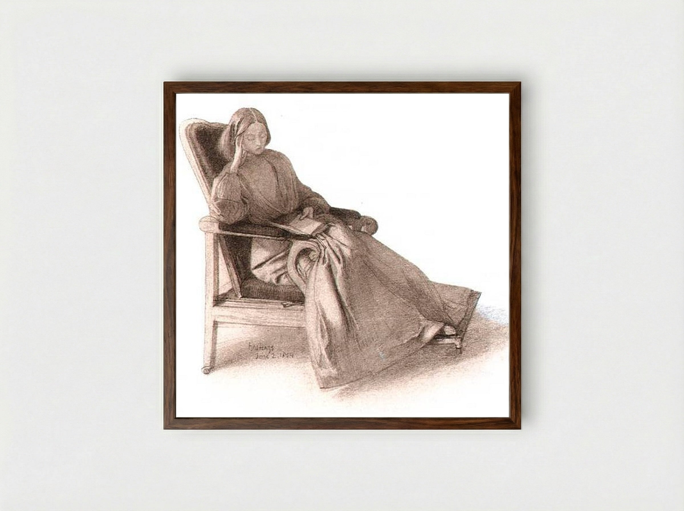 Study of a Woman Reading in a Chair - Elizabeth Siddal - Framed Print Dark Wood