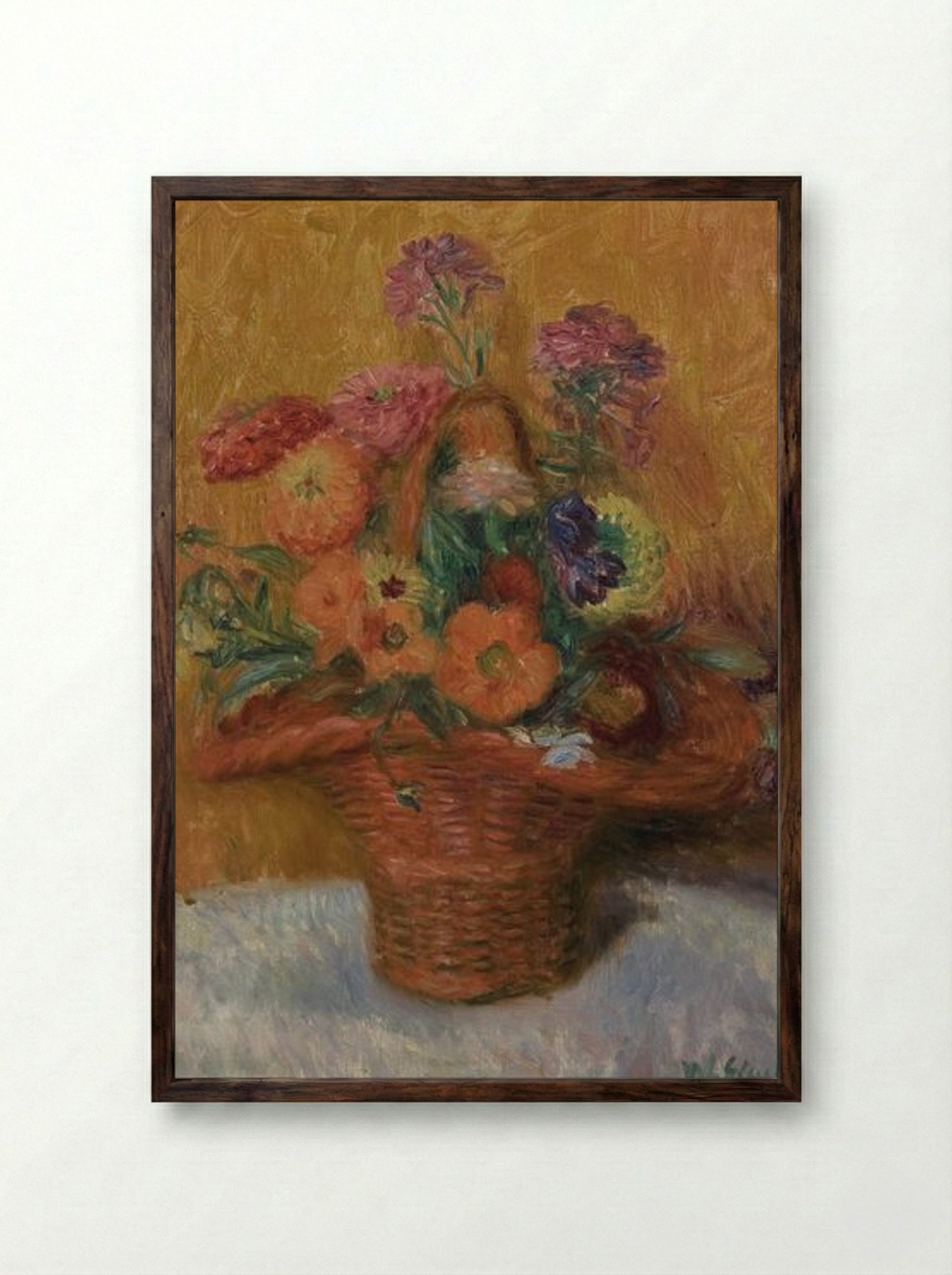 Red Basket of Zinnias - William James Glackens - Framed Print Dark Wood