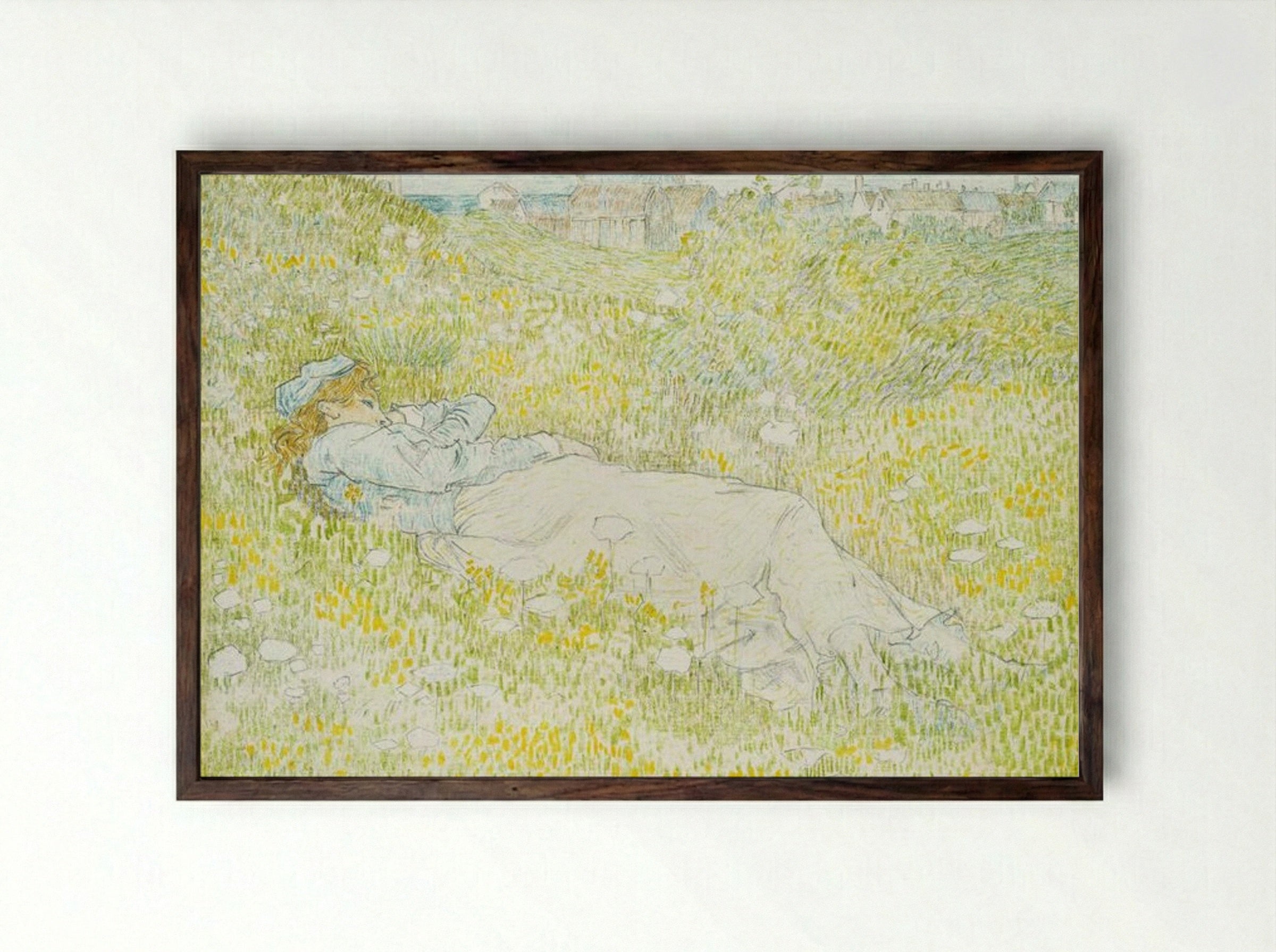 Woman Lying in the Dunes near Noordwijk - Jan Toorop - Framed Print Dark Wood