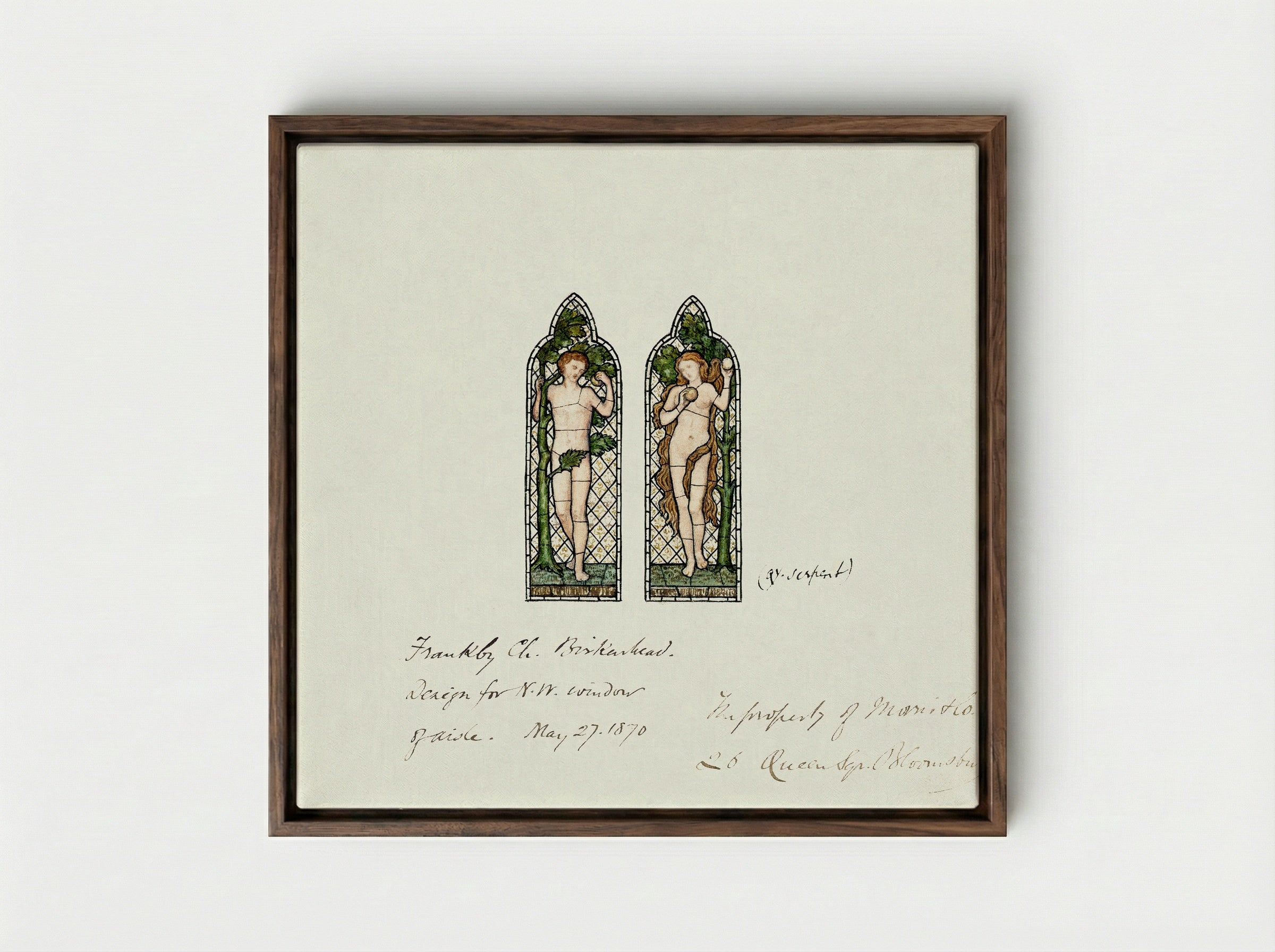 Design for Stained Glass Window: Adam and Eve - Fine Art Print - Framed Canvas Dark Wood