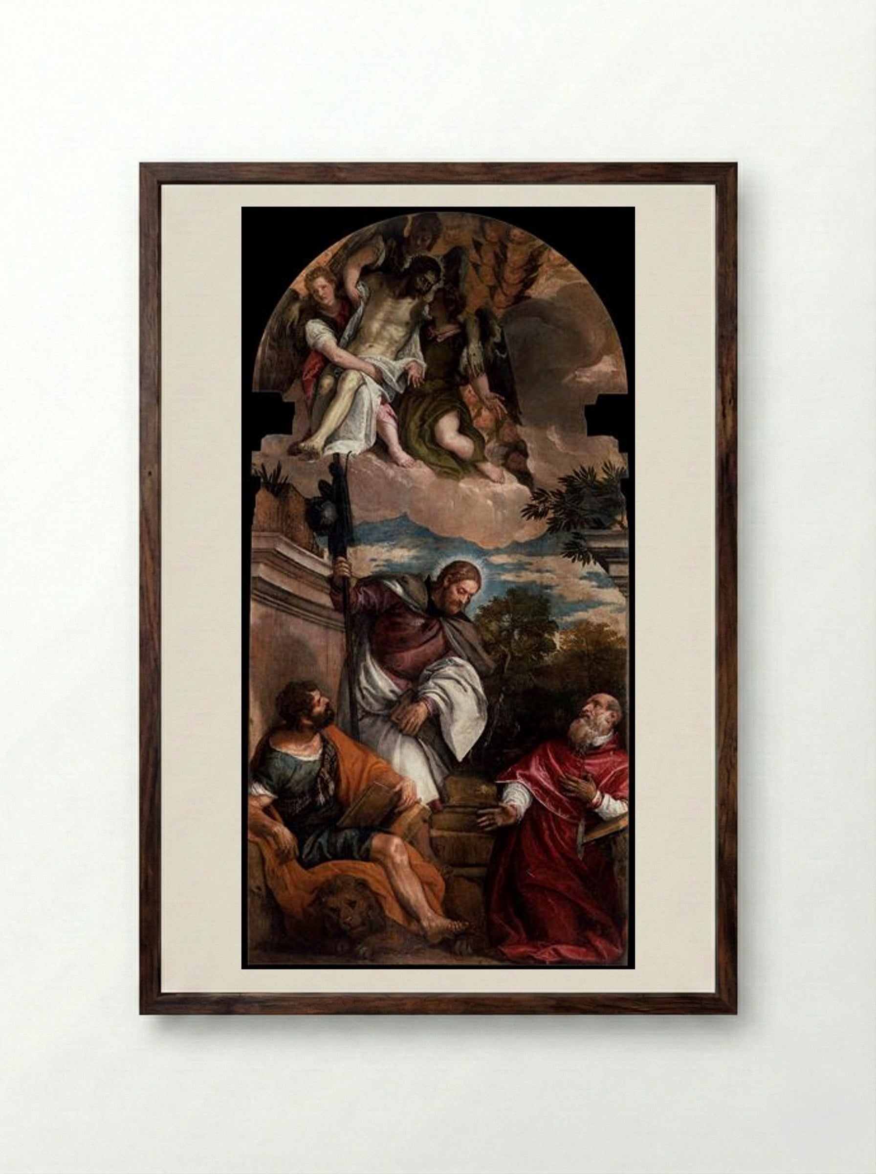 Sts Mark, James and Jerome with the Dead Christ Borne by Angels - Paolo Veronese - Framed Print Dark Wood