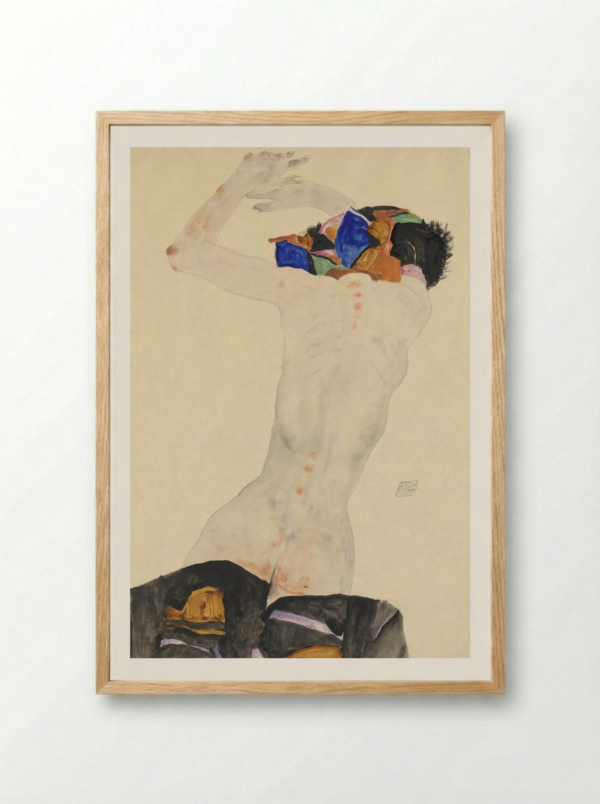Reclining Nude with Colourful Cloth - Egon Schiele - Framed Print Wood
