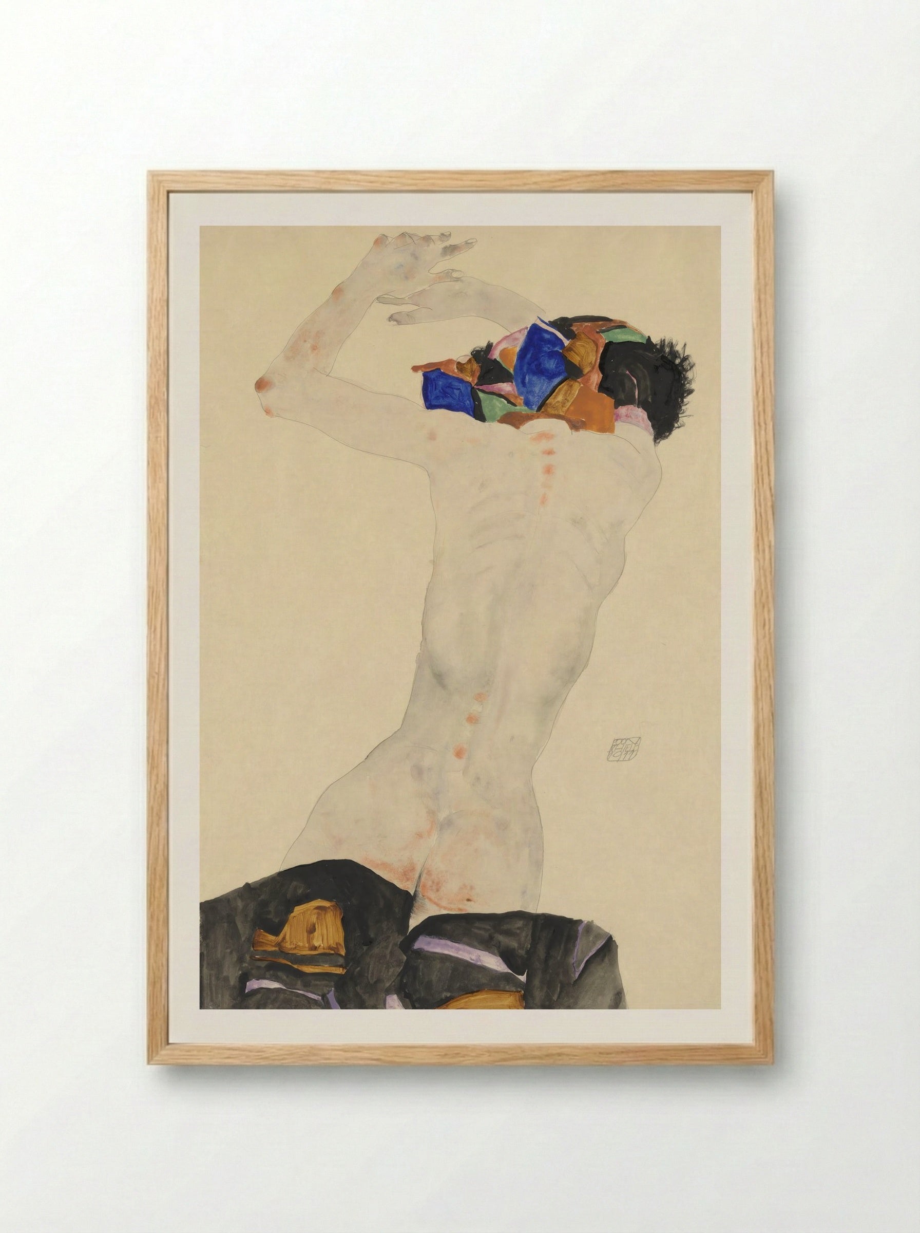 Reclining Nude with Colourful Cloth - Egon Schiele - Framed Print Wood