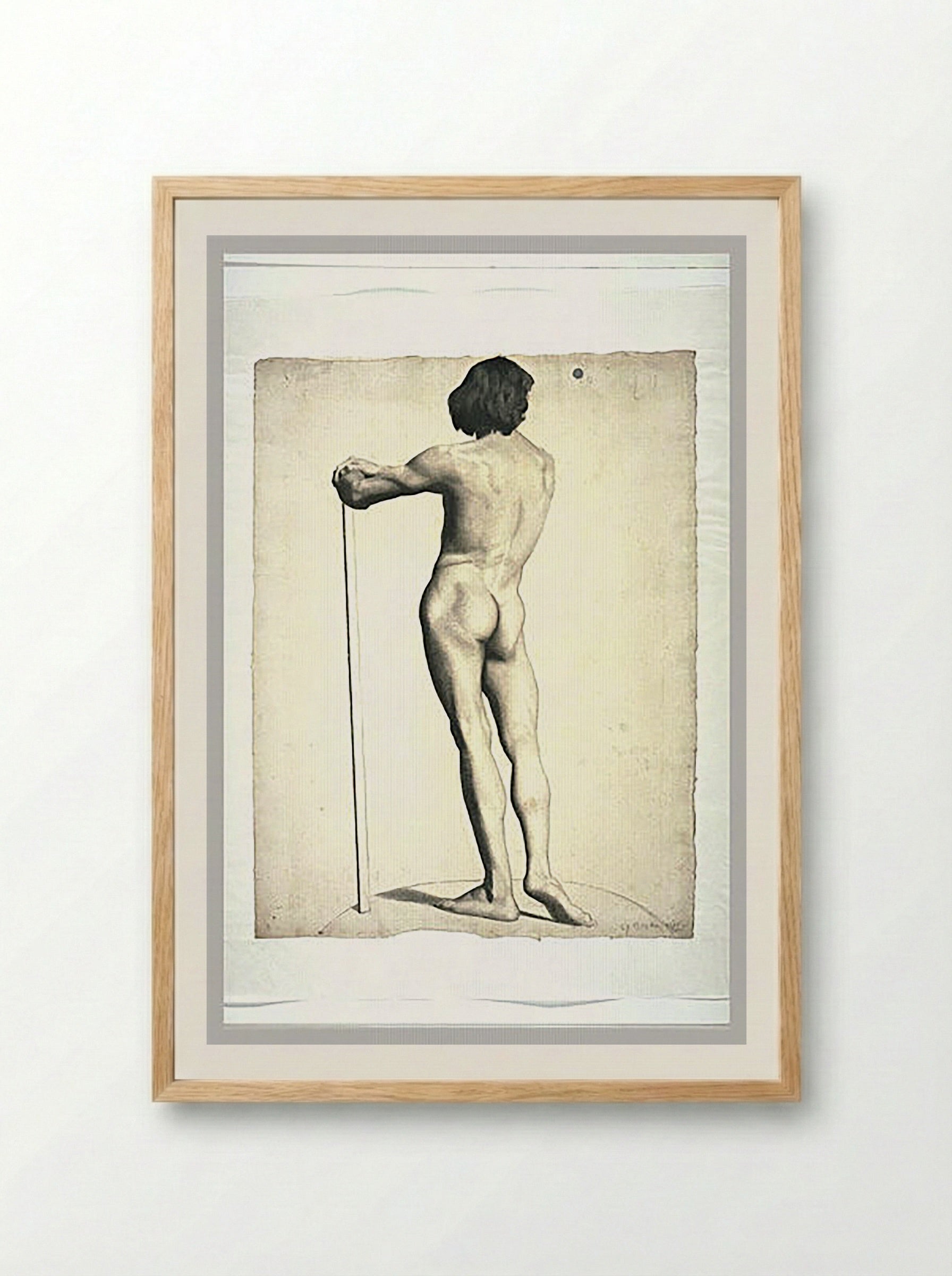 Study of a Male Nude, Rear View (Standing Figure with Staff) - Fine Art Print - Framed Print Wood