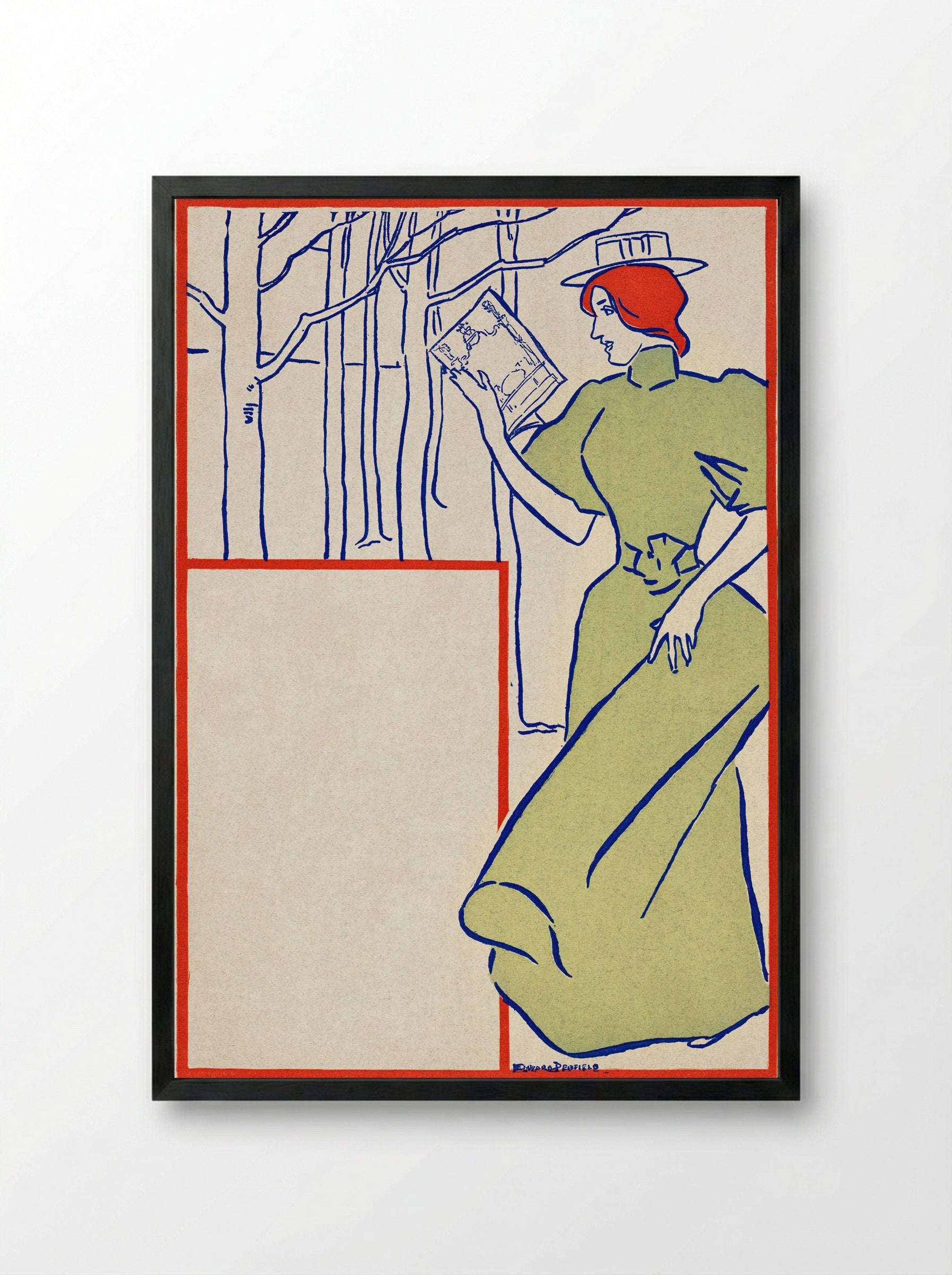 Woman in Green Dress Reading a Book - Edward Penfield - Framed Print Black