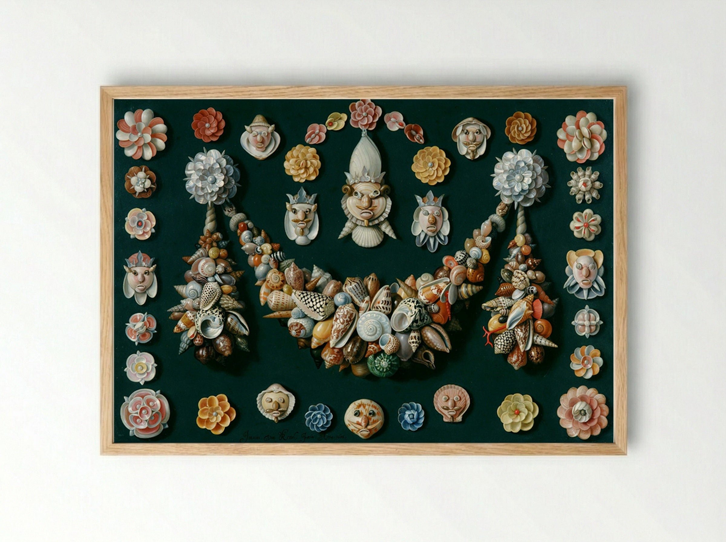 Festoon, Masks and Rosettes Made of Shells - Jan van Kessel the Elder - Framed Print Wood