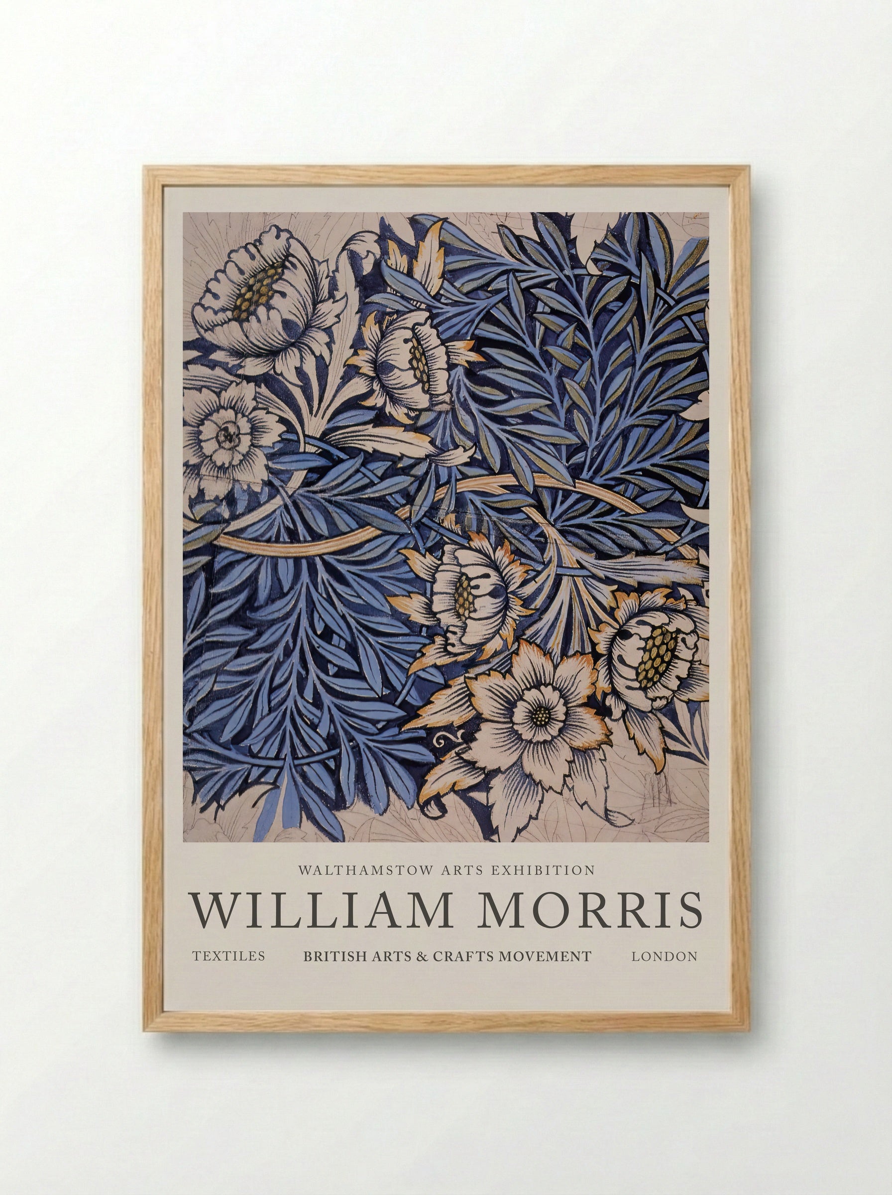 Design for Tulip and Willow indigo-discharge wood-block printed fabric - William Morris - Framed Print Wood