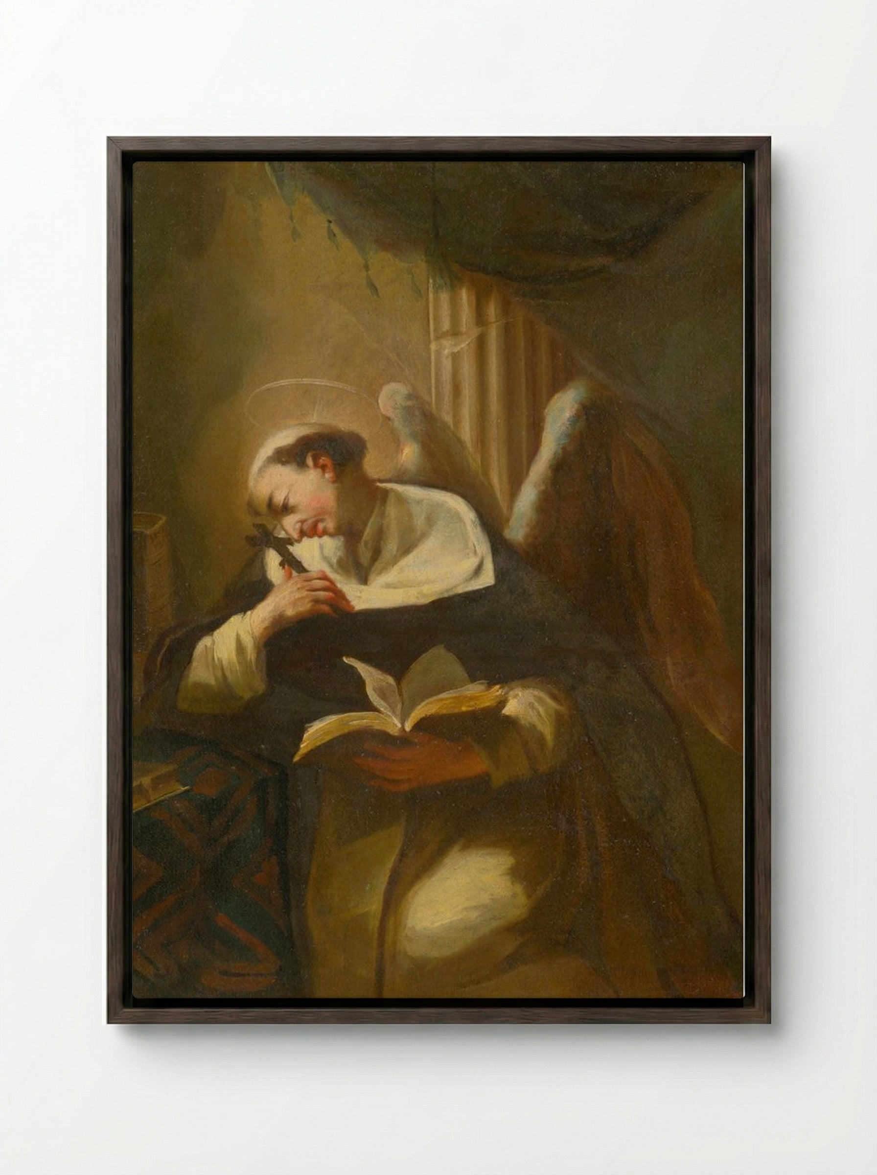 Kneeling Saint with Cross and Book - Fine Art Print - Framed Canvas Dark Wood